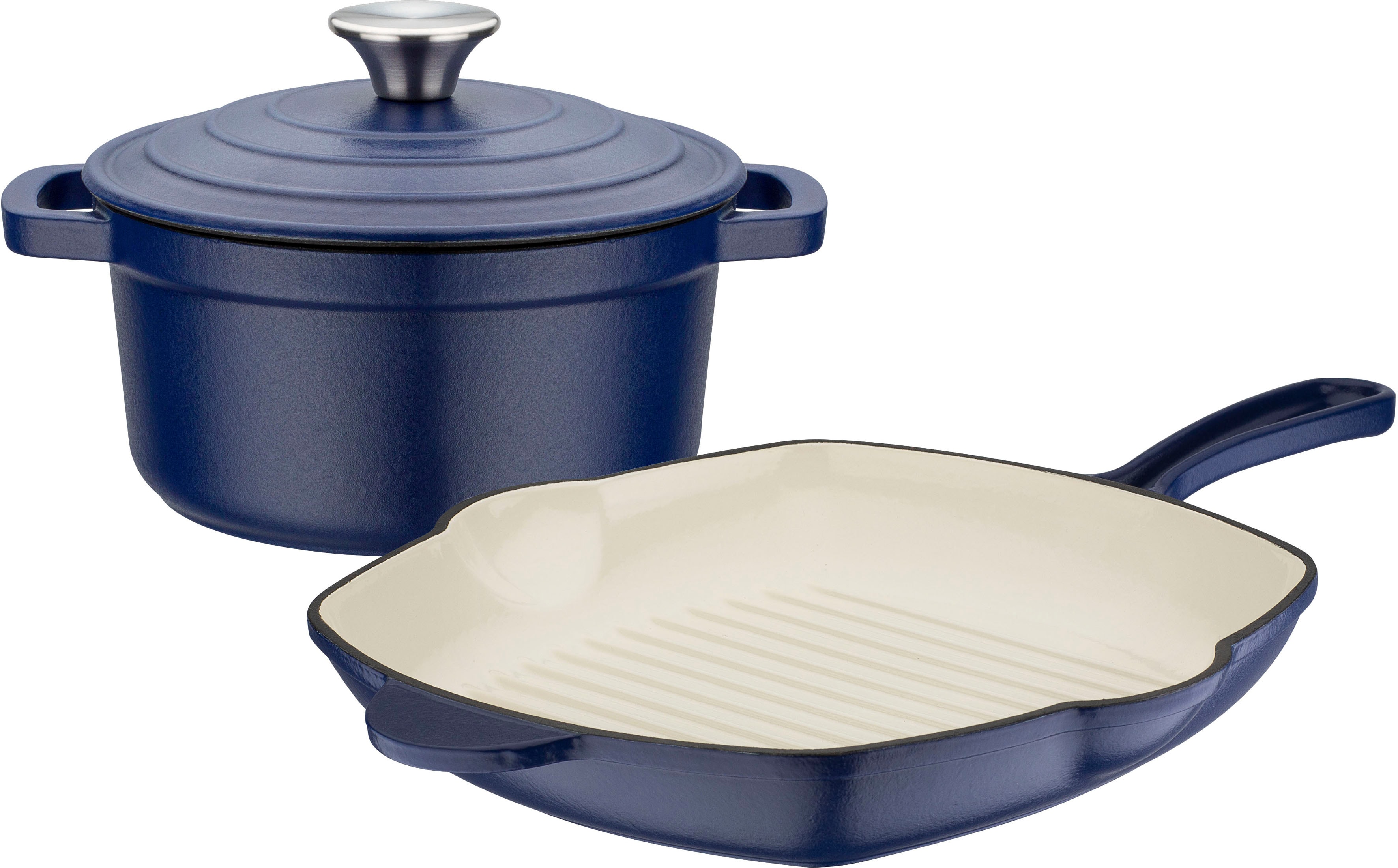 GSW "Blue Magic" Set, 1x Kochtopf mit Deckel Ø 20 cm, 1x Grillpfanne 27 x 27 cm, 3 Stk. tlg. Gusseisen