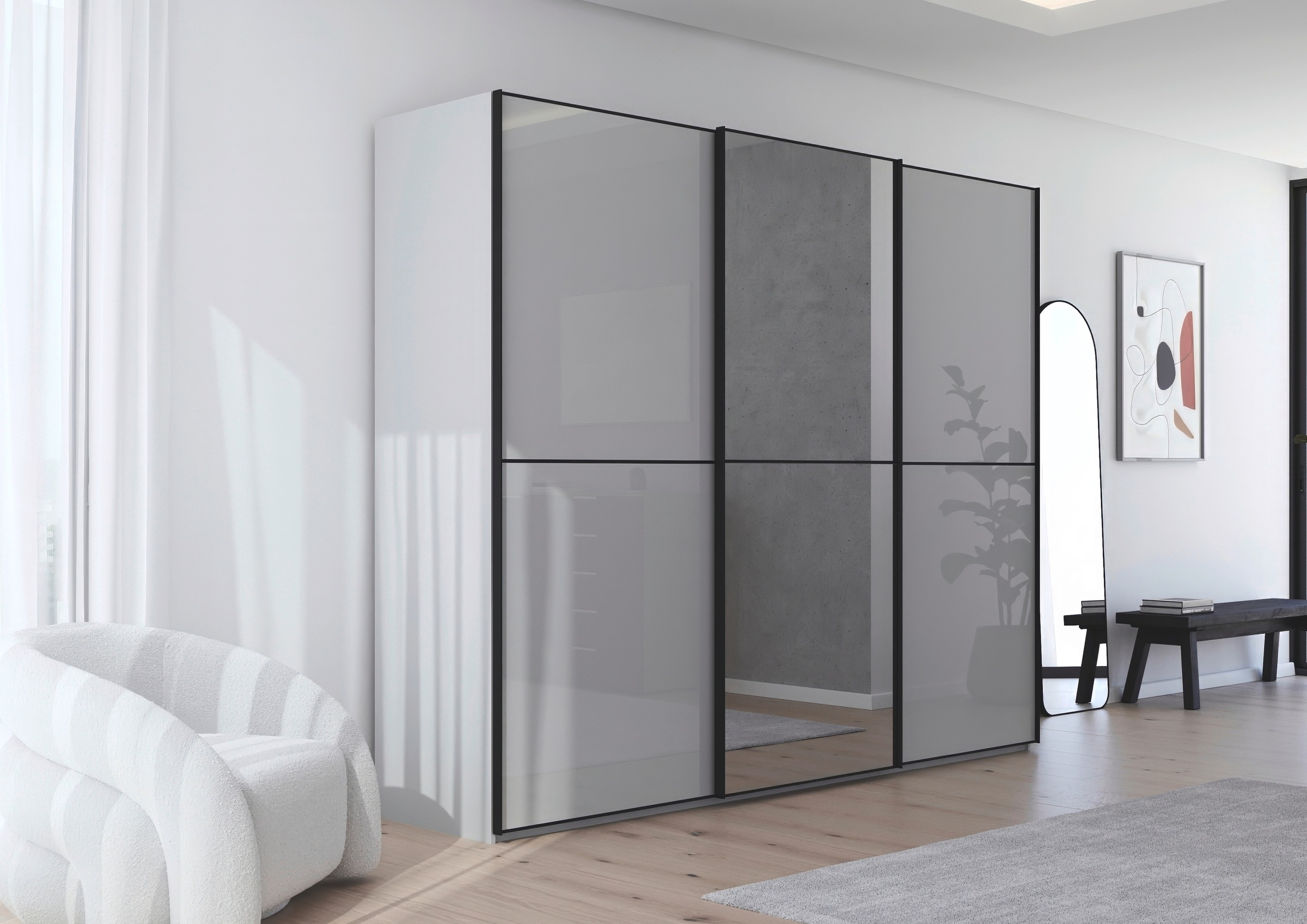 rauch Schwebetürenschrank »Kleiderschrank Schrank Garderobe Schlafzimmerschrank SCALE-DUO«, edle zweigeteilte Türen Spiegel/Glas-Mix 3 Zierleisten MADE IN GERMANY