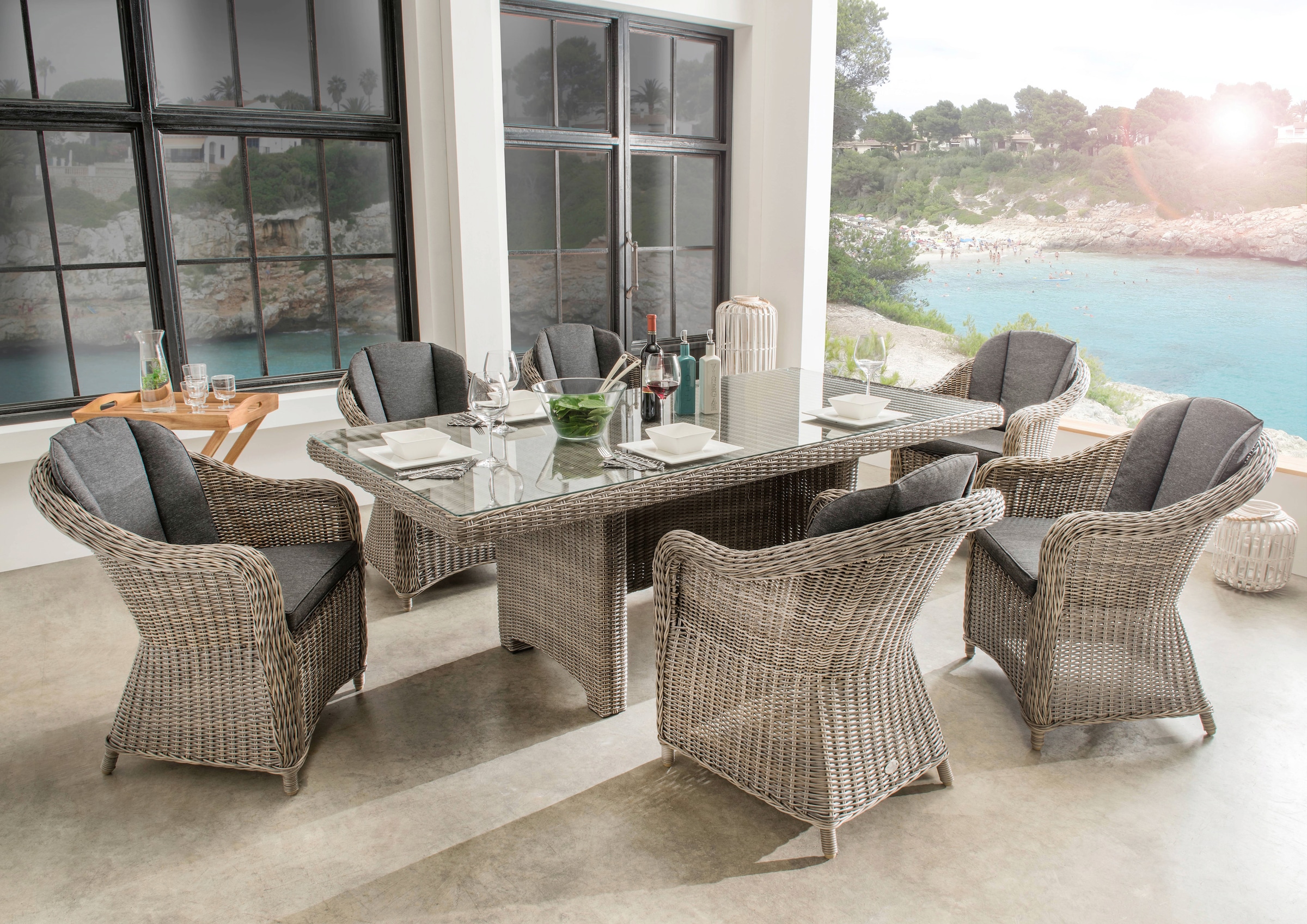 Garten-Essgruppe DESTINY, grau, Aluminium, Geflecht Rattan, Polyrattan, Sitzmöbel-Sets, "MALAGA LUNA", Polyrattan, 6 Sessel + Tisch 200x100x75cm,