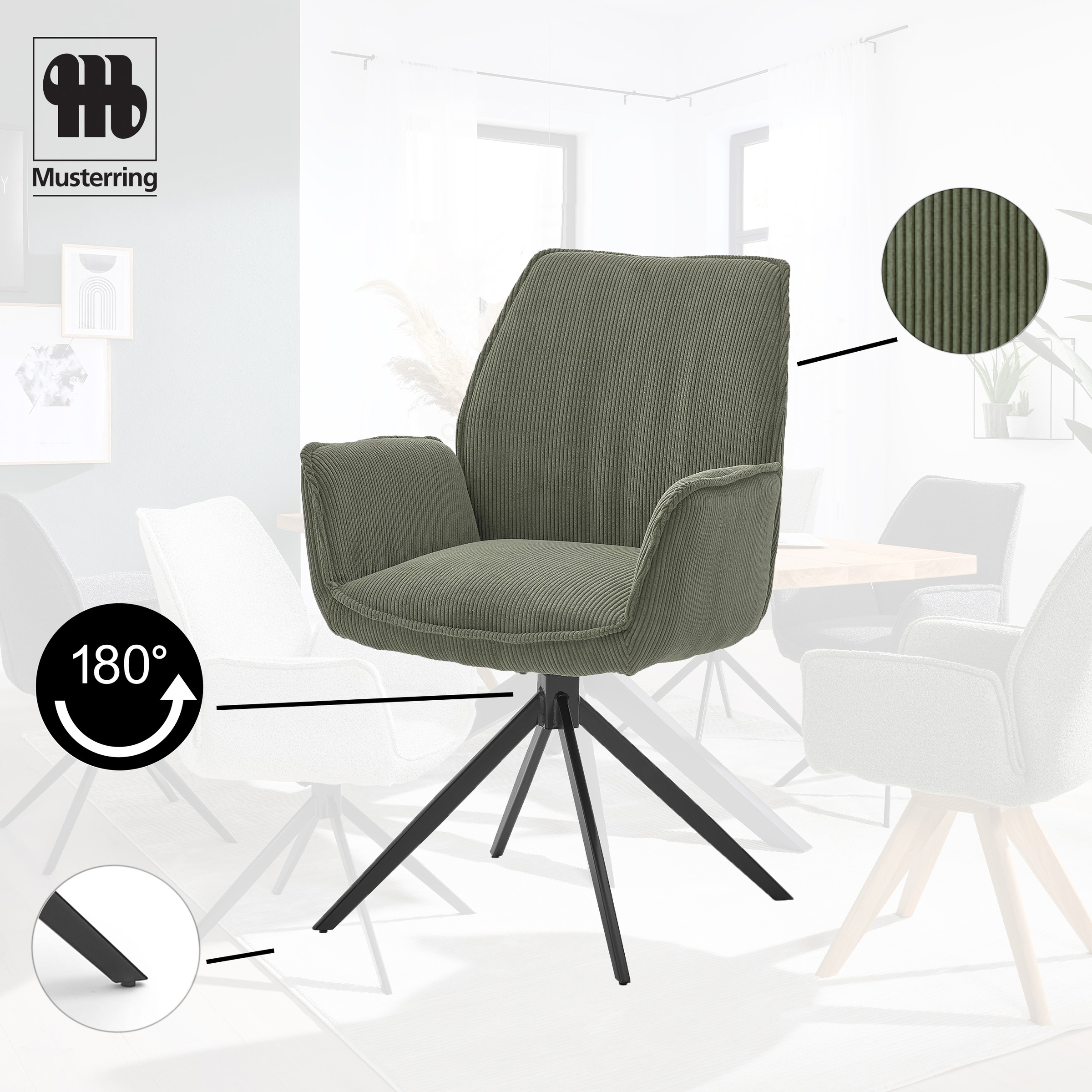 Thumbnail - Musterring Esszimmerstuhl "Tiama" (Set) 2 Stk. Cord Stativgestell aus Eisen schwarz, 180 drehbar, Stoff Cord oder Bouclé