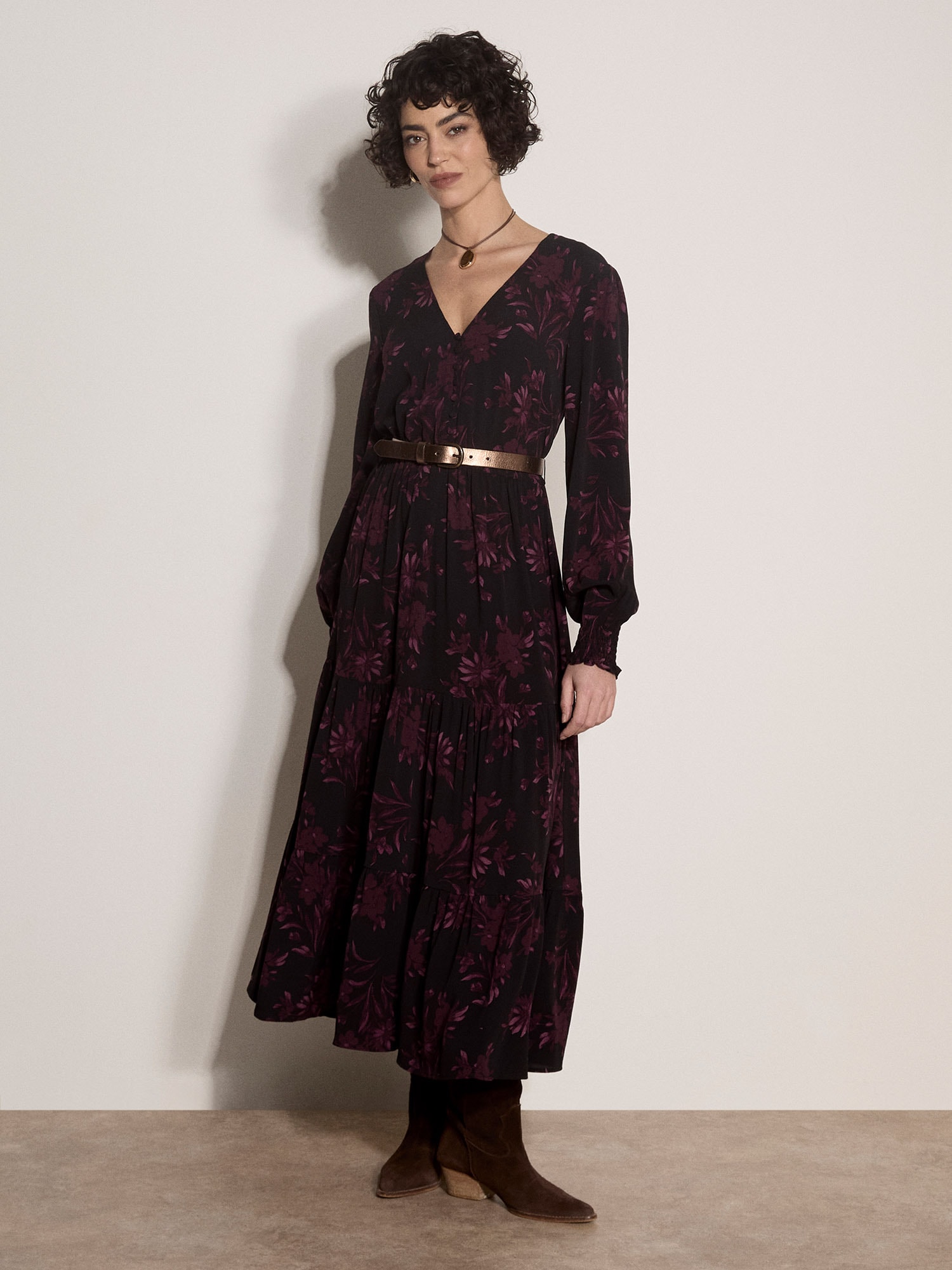 Apricot Midikleid "Crêpekleid in wadenlänge" mit Stoffgürtel, 2 tlg. mit Blumenmuster