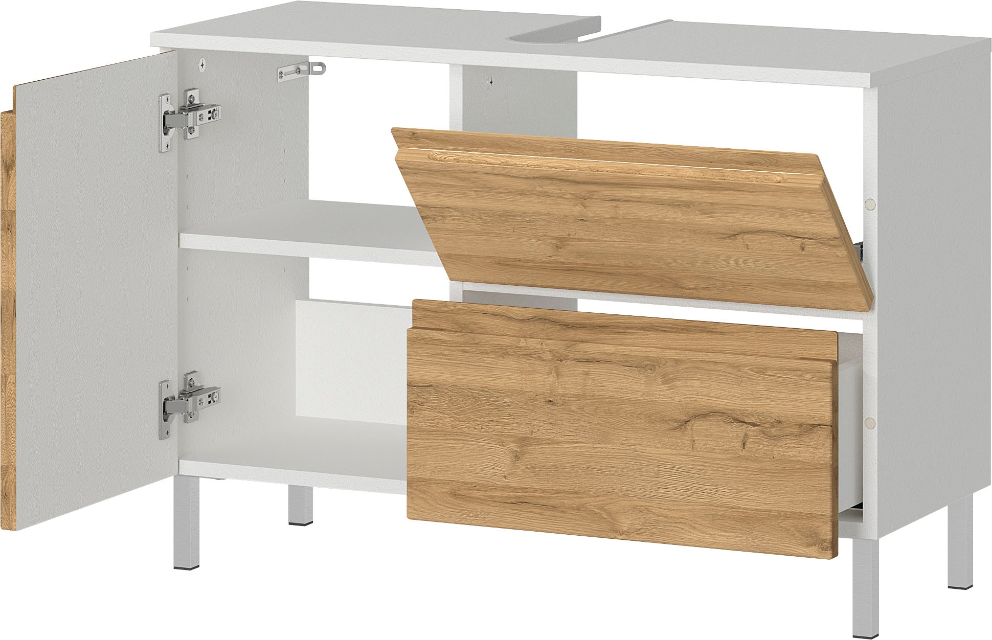 GERMANIA Badmöbel-Set »Torrance«, (4 St.), Unterschrank, Spiegelschrank mit Beleuchtung, Kommode und Hochschrank