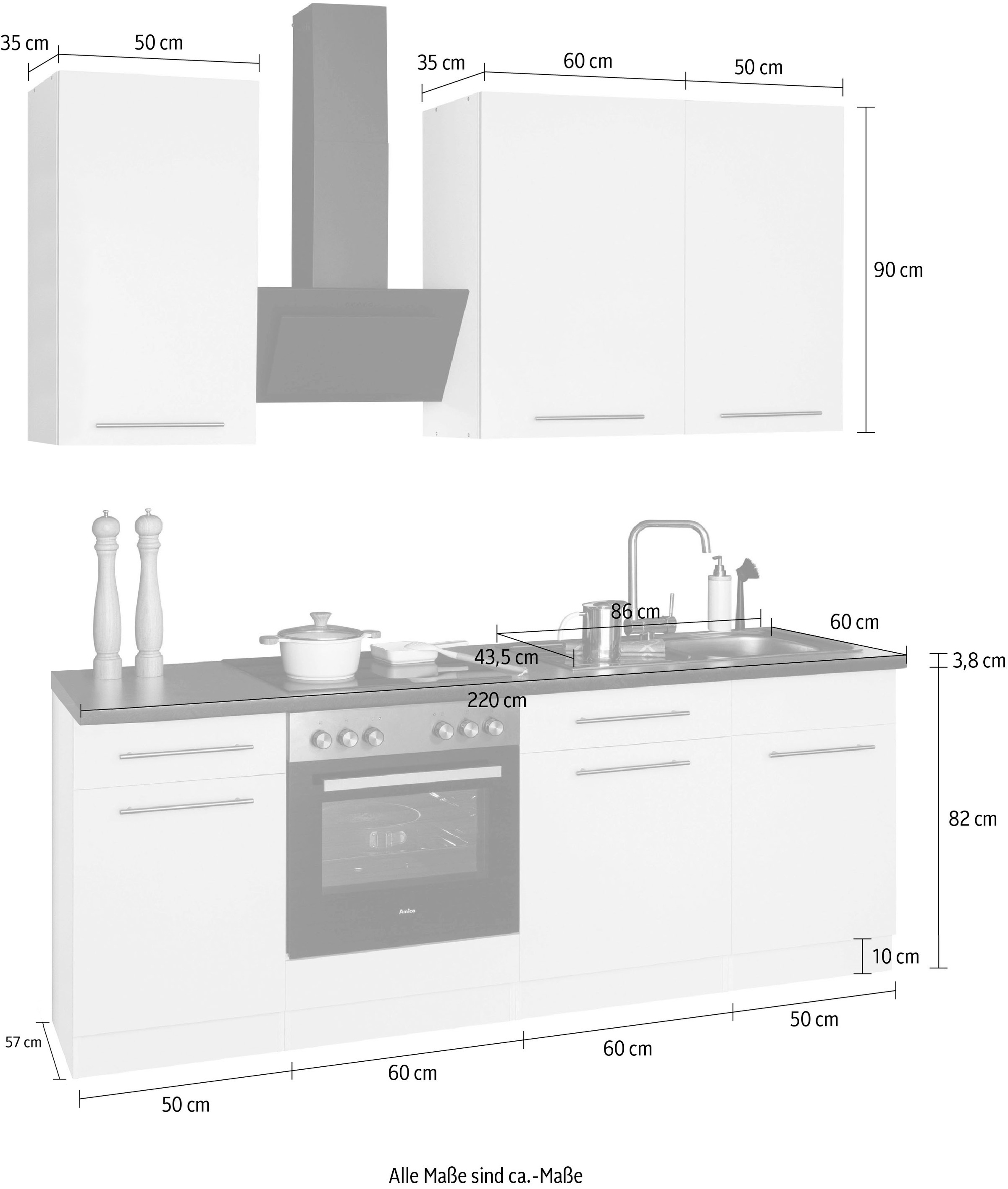 wiho Küchen Küchenzeile »Unna«, ohne E-Geräte, Breite 220 cm