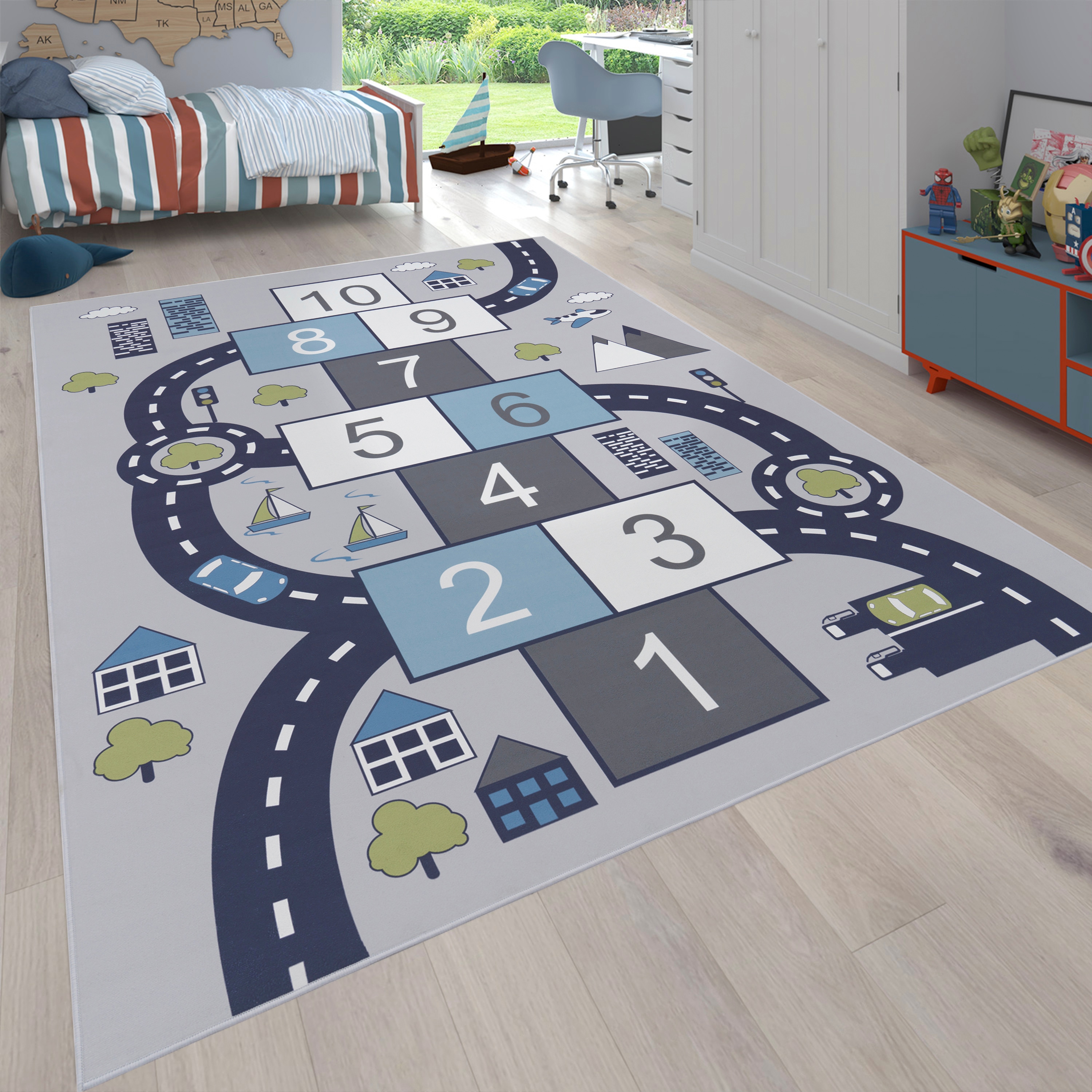 Paco Home 1100000002199 "Bino 565" rechteckig 4 mm Höhe Kurzflor, Straßen-Spiel-Teppich & Spielmotiv Hüpfkästchen
