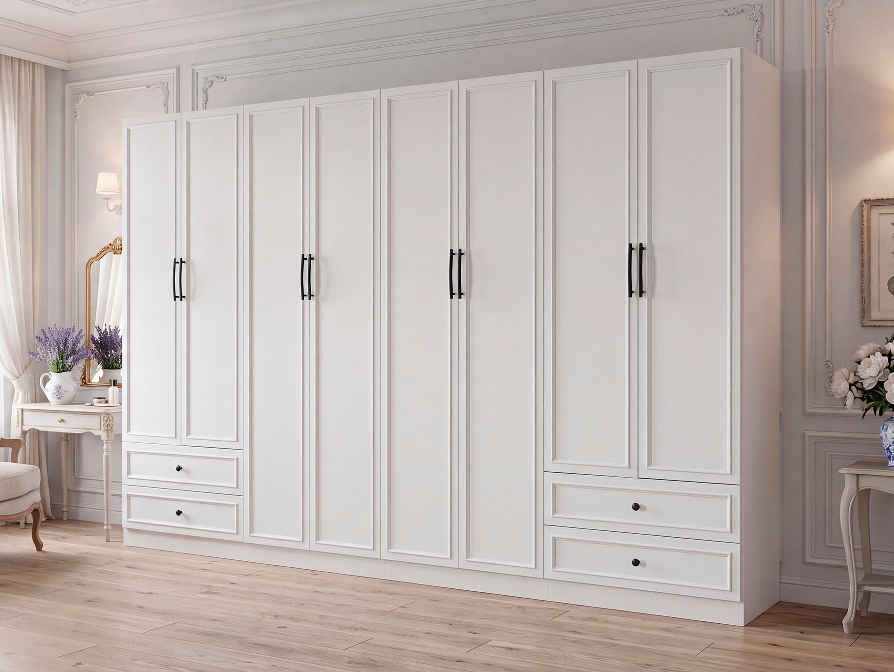 OTTO home Kleiderschrank »Arrian 320 cm Weiß | 8-türiger Drehtürenschrank im Landhausstil« XXL STAURAUM FÜR IHR ZUHAUSE
