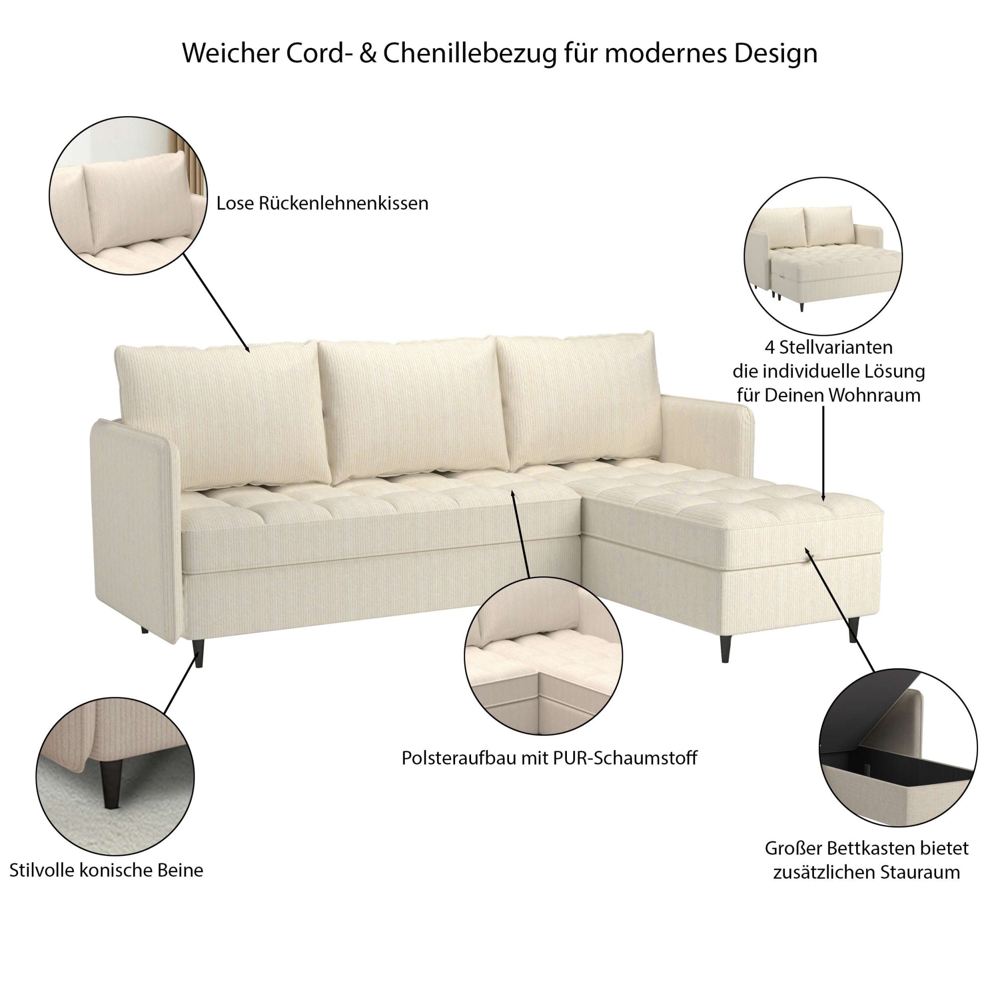 Dorel Home Ecksofa »LINDHUS, Cord, L-Form, Breite 194cm, verschiedene Stellvarianten« Recamiere, Stauraum, Modulsofa