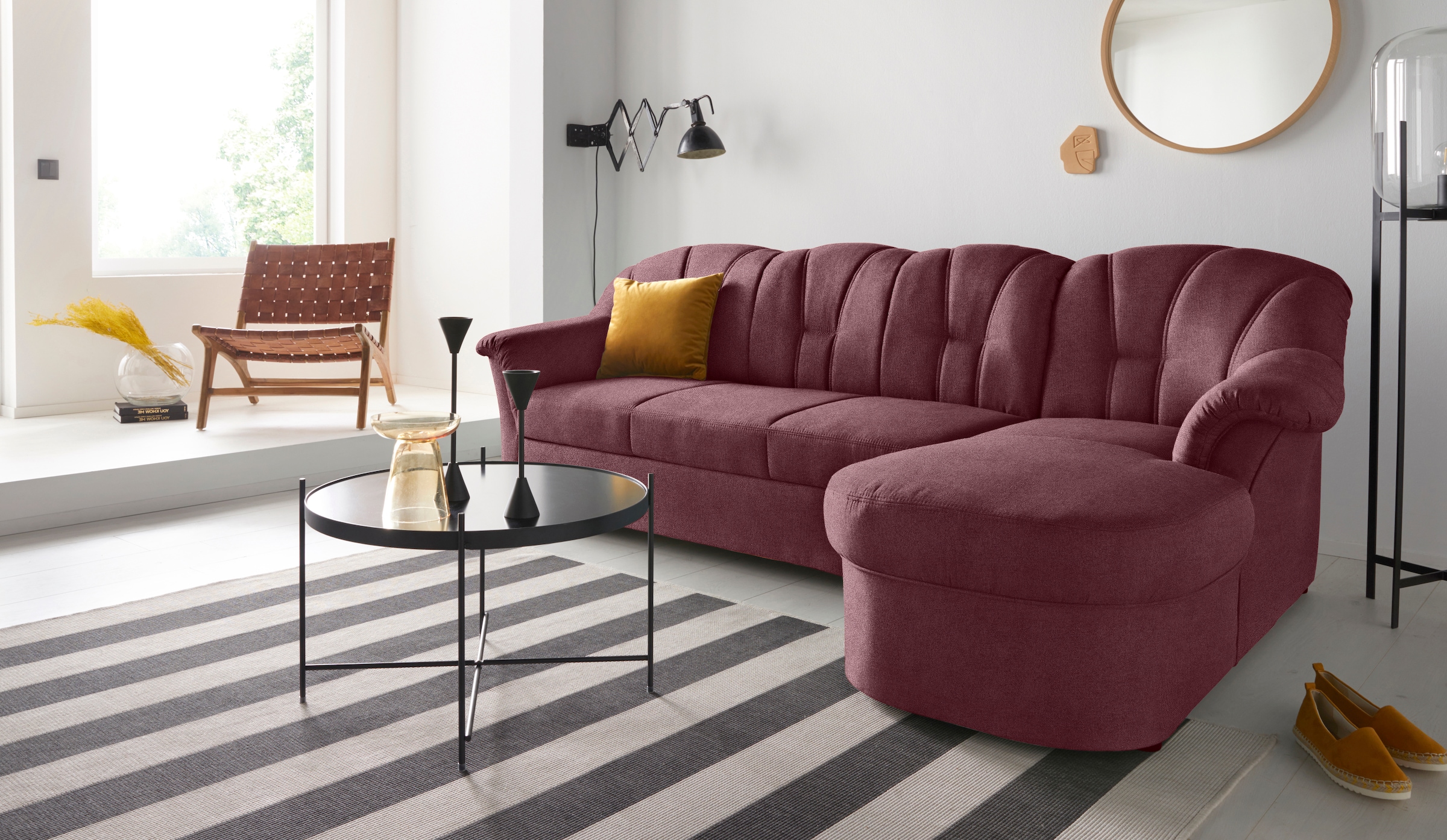 DOMO collection Ecksofa "Papenburg, zeitlose Rückensteppung, elegante Formensprache, L-Form" in großer Farbvielfalt, wahlweise mit Bettfunktion