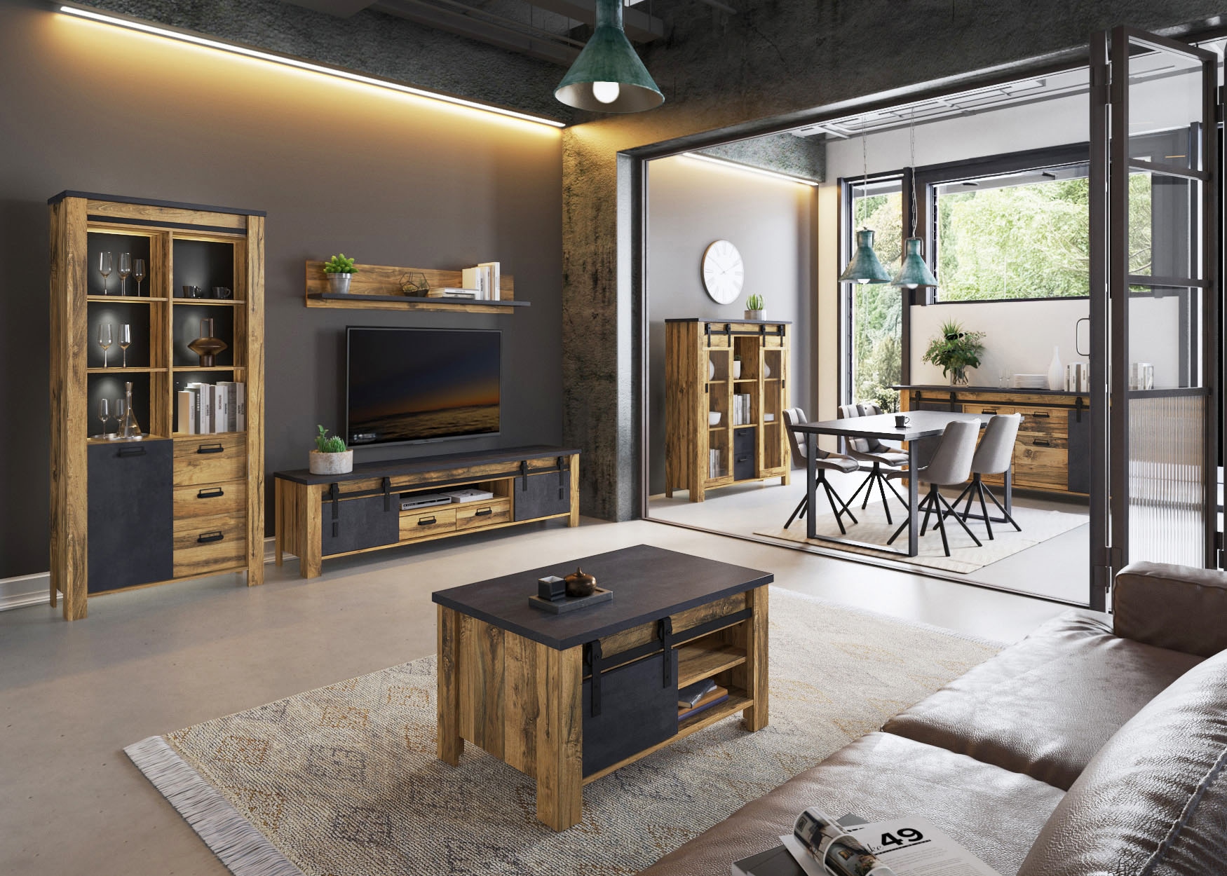 Home affaire Wohnwand »York, moderne Anbauwand, Wohnzimmer-Set in Hunton Oak, 201 cm breit«, (Komplett-Set, 3 St.), enthält Vitrine, Lowboard +Wandboard, Metallgriff, Scheunentorbeschlag