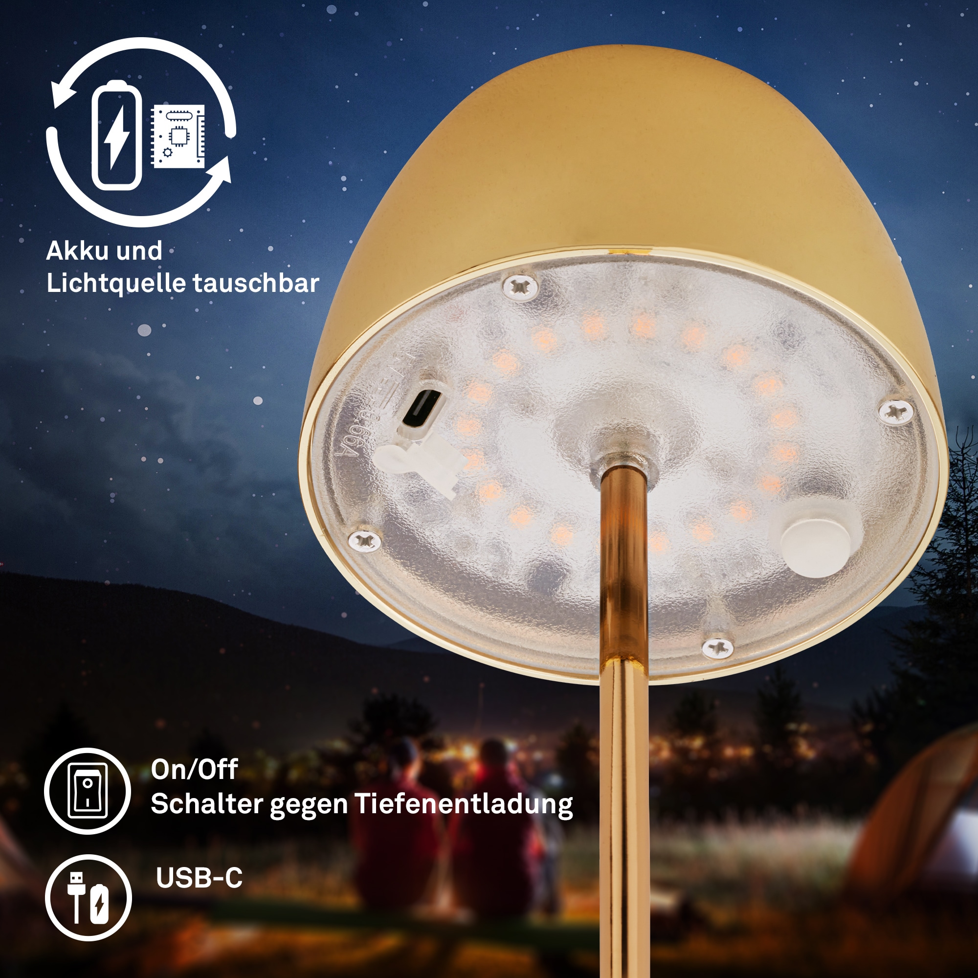 Briloner Leuchten LED Außen-Tischleuchte »SERINA MINI« LED-Modul 2 Stk. Warmweiß kabellos 20 x 8 cm Goldfarbig 2,5W Wohnzimmer Schlafzimmer 2er-Set