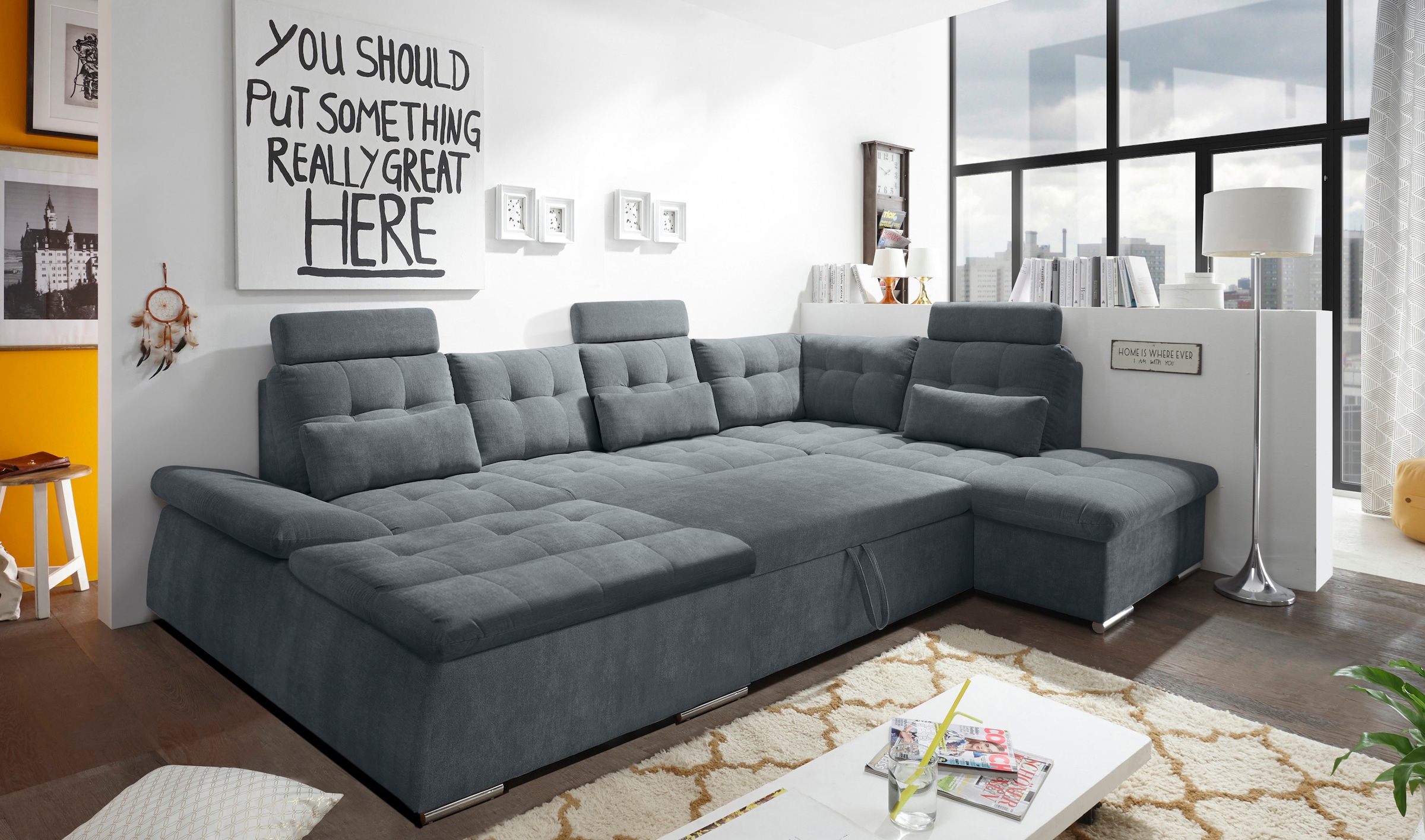 ED EXCITING DESIGN Wohnlandschaft »Nalo U-Form mit Bettfunktion, Bettkasten«, Armteilverstellung, Kopfstützen & 3 Nierenkissen