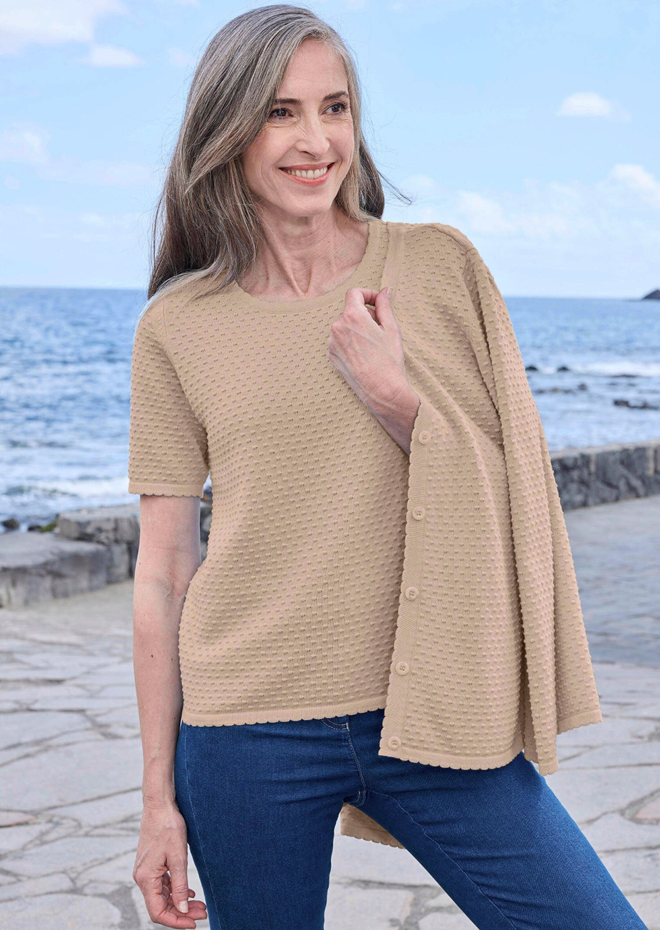 Rundhalspullover GOLDNER "Halbarm Strickshirt mit Rundhals", Damen, Gr. 40, beige, Obermaterial: 100% Baumwolle CO., Modisch, Pullover Rundhalspullover, Rundhalsausschnitt 3