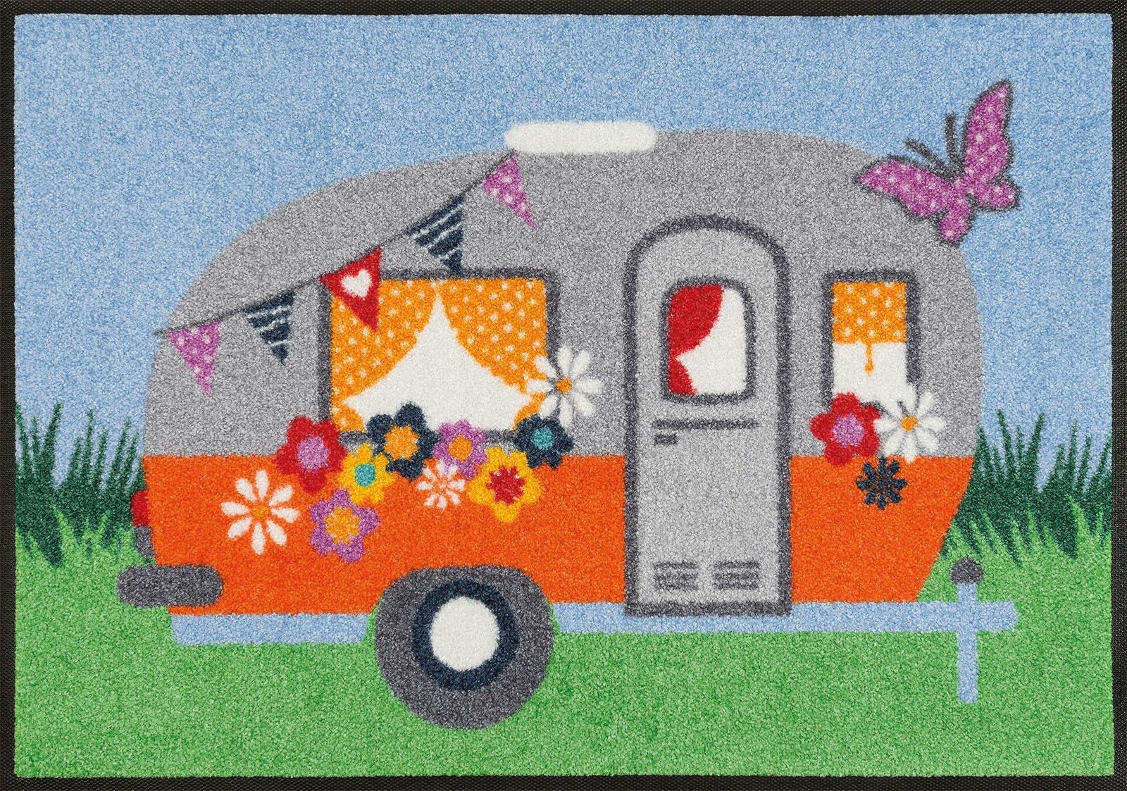 wash+dry by Kleen-Tex Fußmatte »Happy Camping«, rechteckig, Schmutzfangmatte,  Motiv Wohnwagen, rutschhemmend, waschbar | BAUR