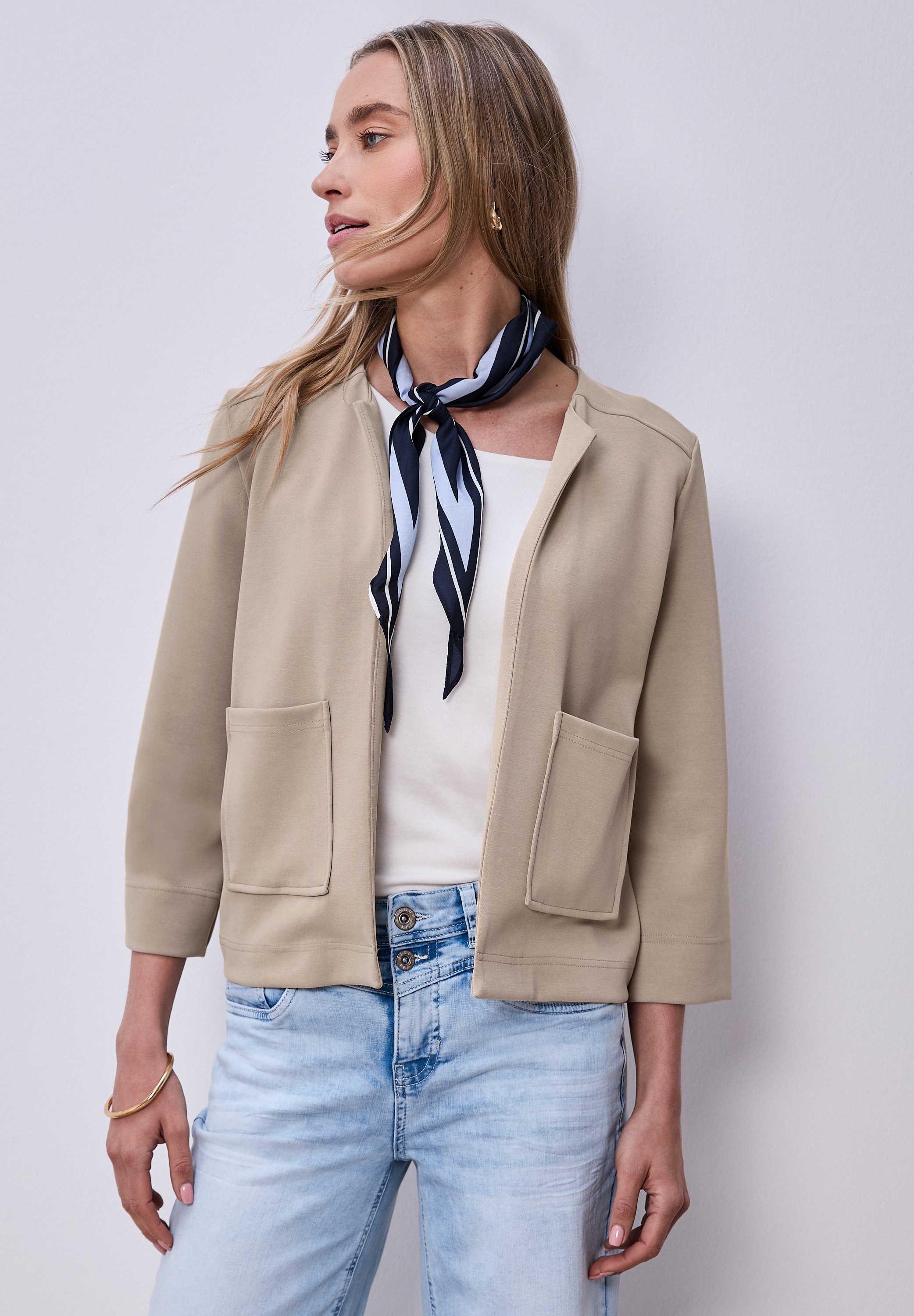 Cardigan STREET ONE, Damen, Gr. 38, morning beige, Stoff, 46% Modal, 46% Polyester, 8% Elasthan, unifarben, normal normal, ohne Ausschnitt, abgesteppt, Strickjacken, im Open-Style