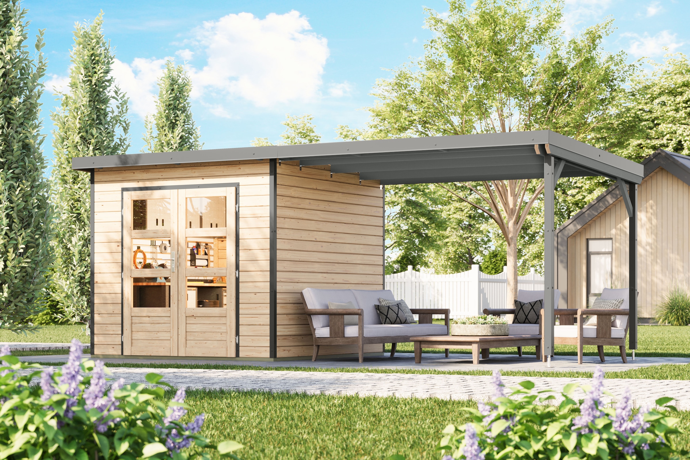 Karibu Gartenhaus »Plutino 3  SET, in verschiedenen Farben« inkl. Anbaudach