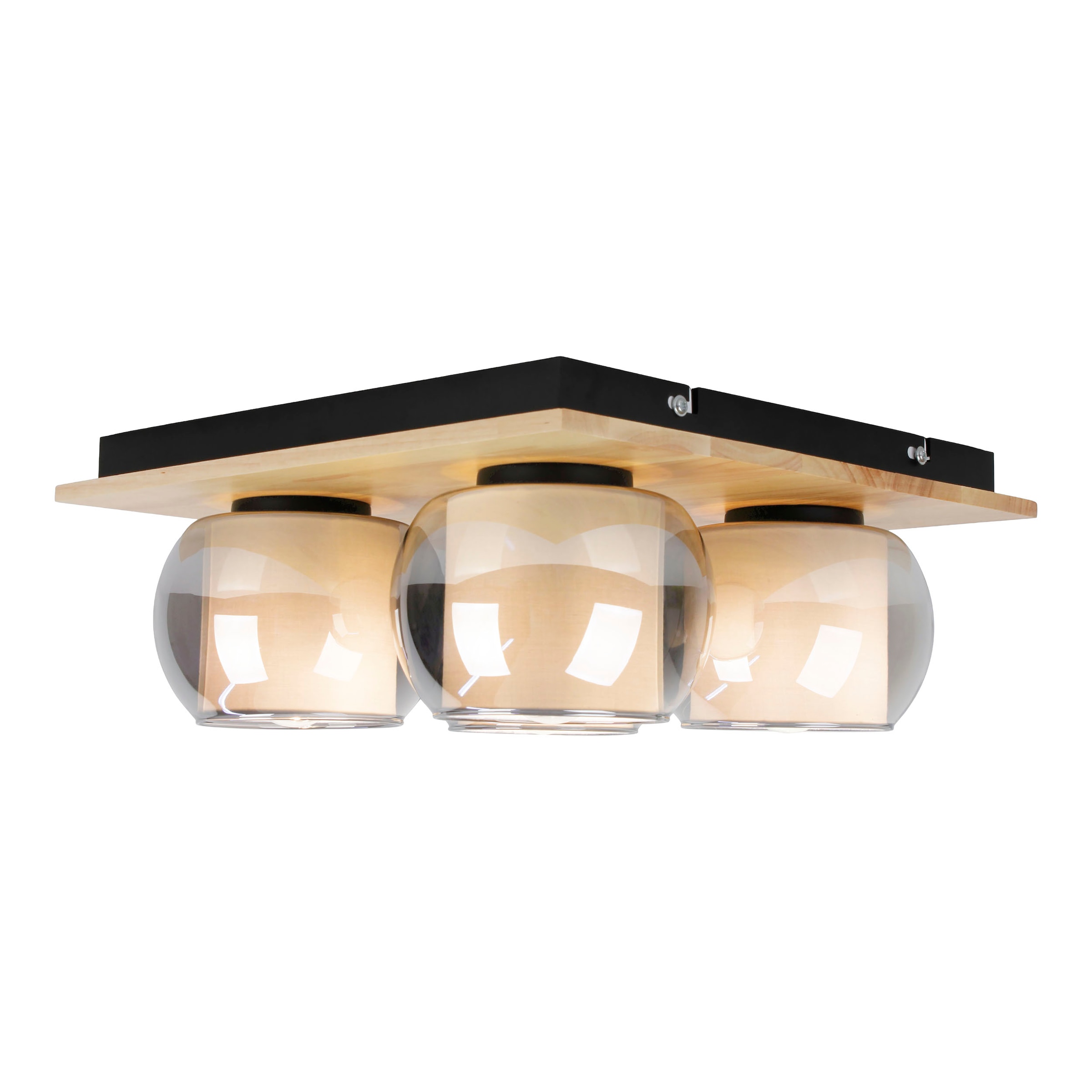 näve Deckenleuchte »Texas« E27 1 Stk. Glasschirme smokey, naturfarbenes Holzdetail, 4x E27, quadratisch