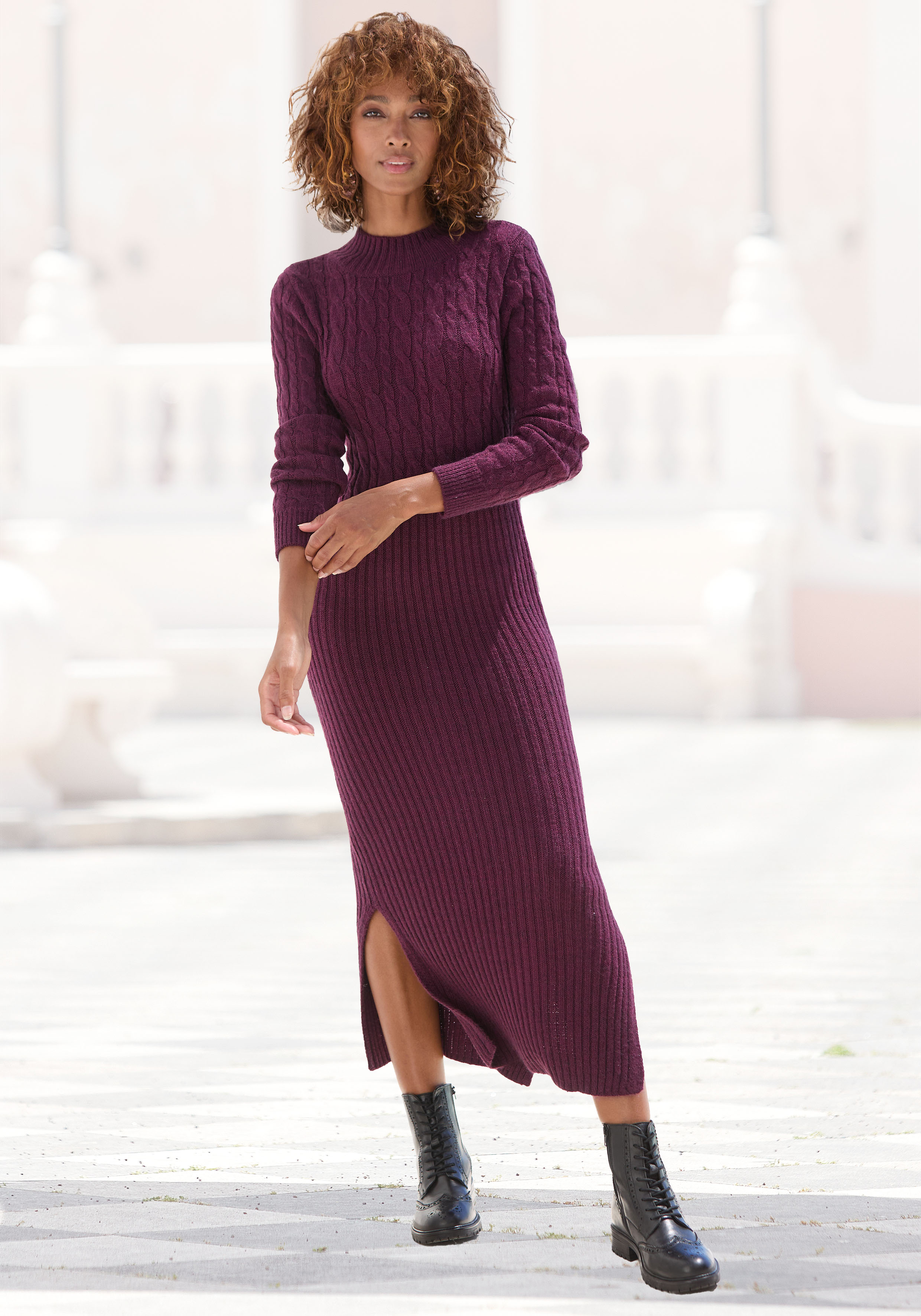 LASCANA "mit Zopfmuster, seitlicher Schlitz, elegantes Pulloverkleid" Langarm, Midikleid aus weichem Strick, figurbetont, herbstlich, casual