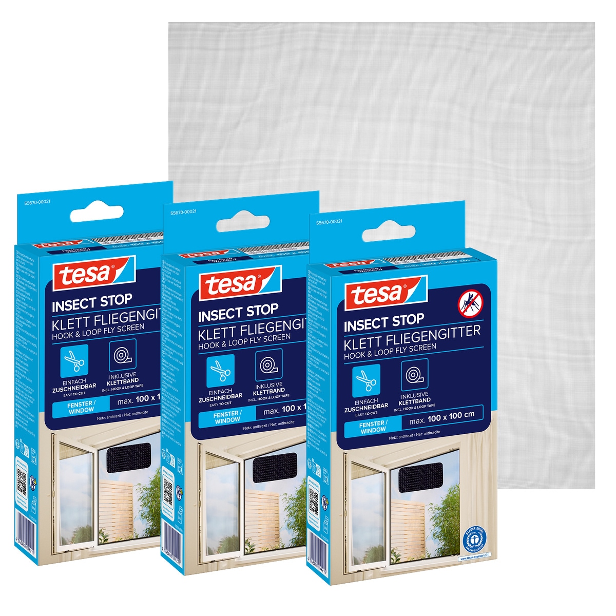 tesa Fliegengitter-Gewebe "für Fenster - Insektenschutz - 100 x 100 cm" Packung, Fliegennetz, Klettband, 3 Stk. tlg. mit Klettband, zuschneidbar - Mückenschutz ohne Bohren