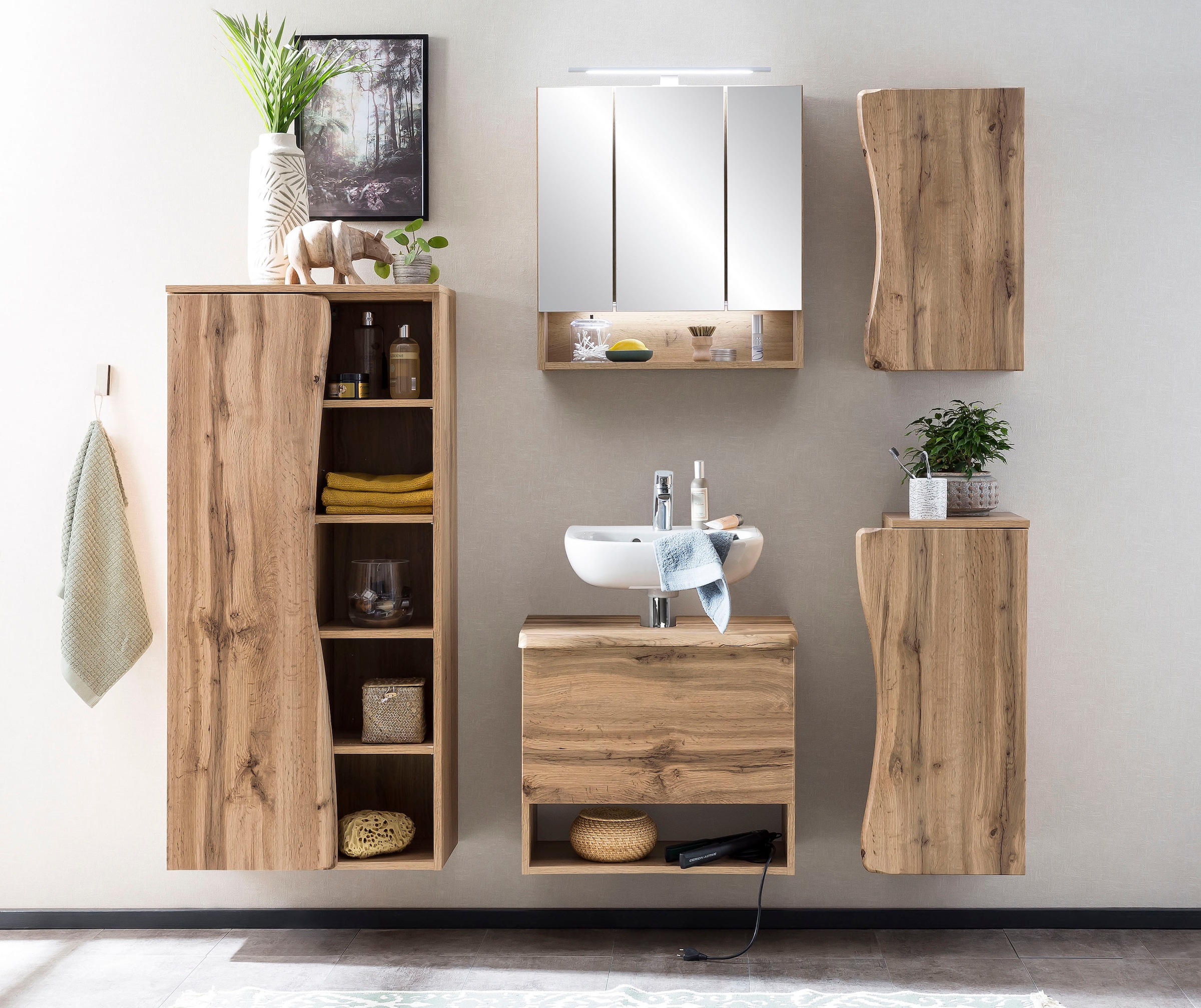 welltime Waschbeckenunterschrank »Stubach«, Bad Schrank, Abdeckplatte mit Baumkante, Breite 60 cm