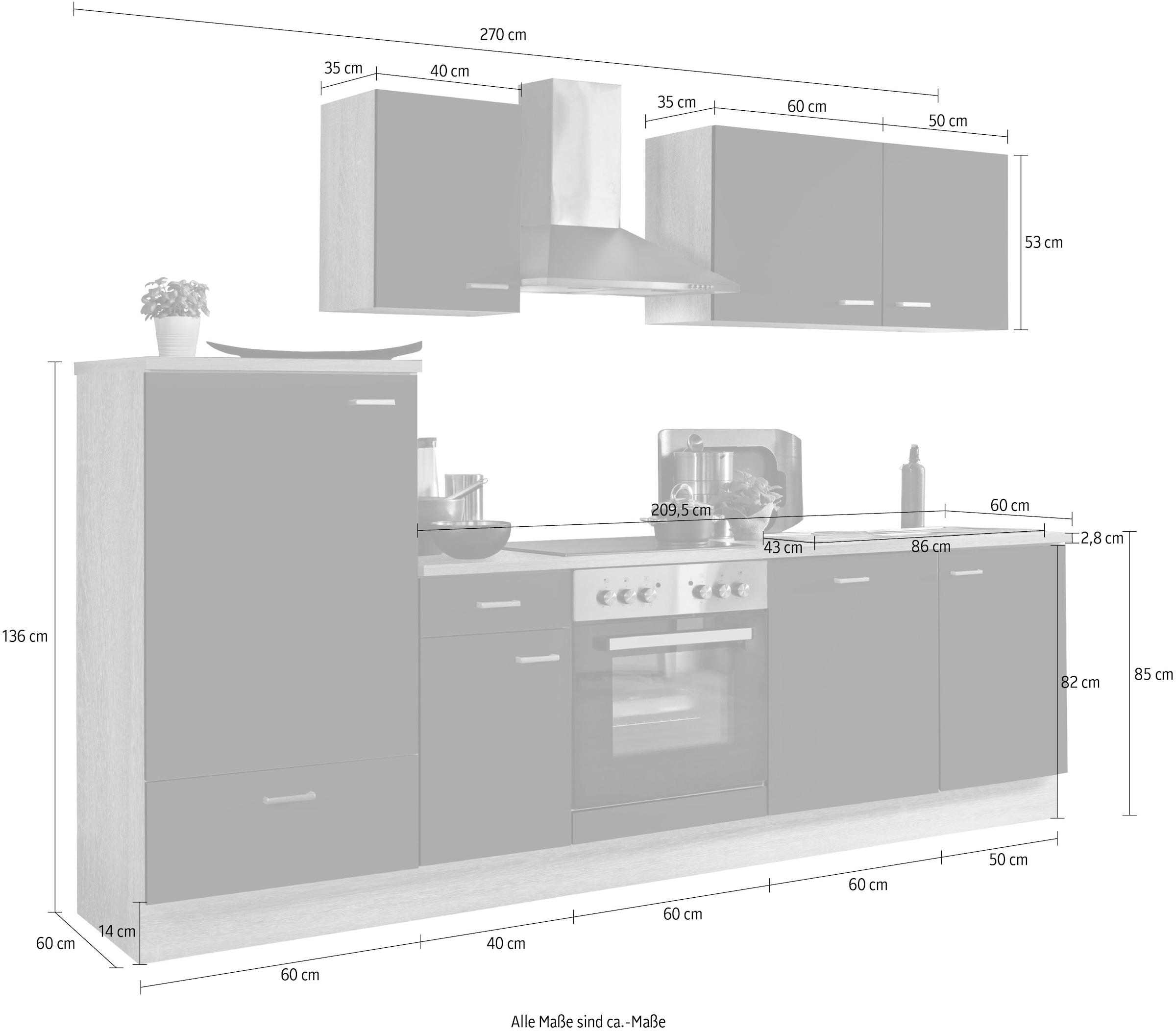 Menke Küchen Küchenzeile »Classic«, Küchenzeile mit E-Geräten, Breite 270 cm