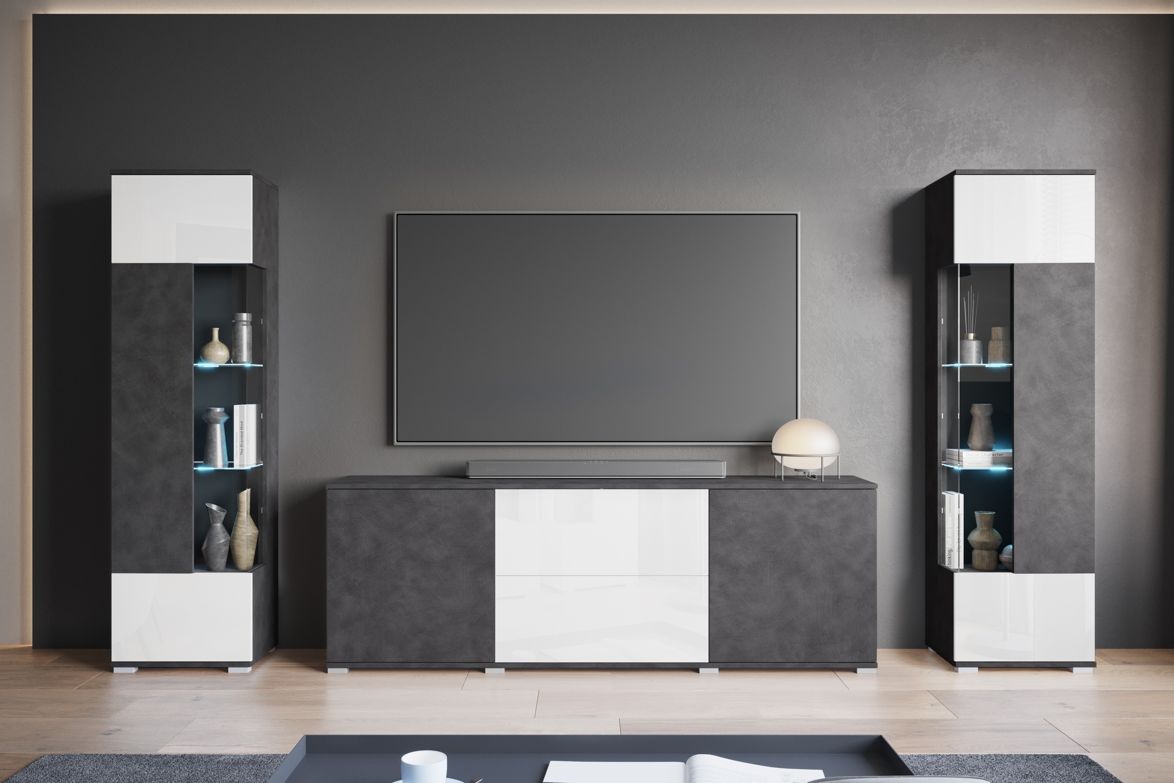 Wohnwand OTTO HOME, B:270cm H:161cm T:34cm, grau, Holzwerkstoff, Wohnzimmer, Kastenmöbel-Sets, "KENIA", Vitrinen mit Eckverglasung, hängend und