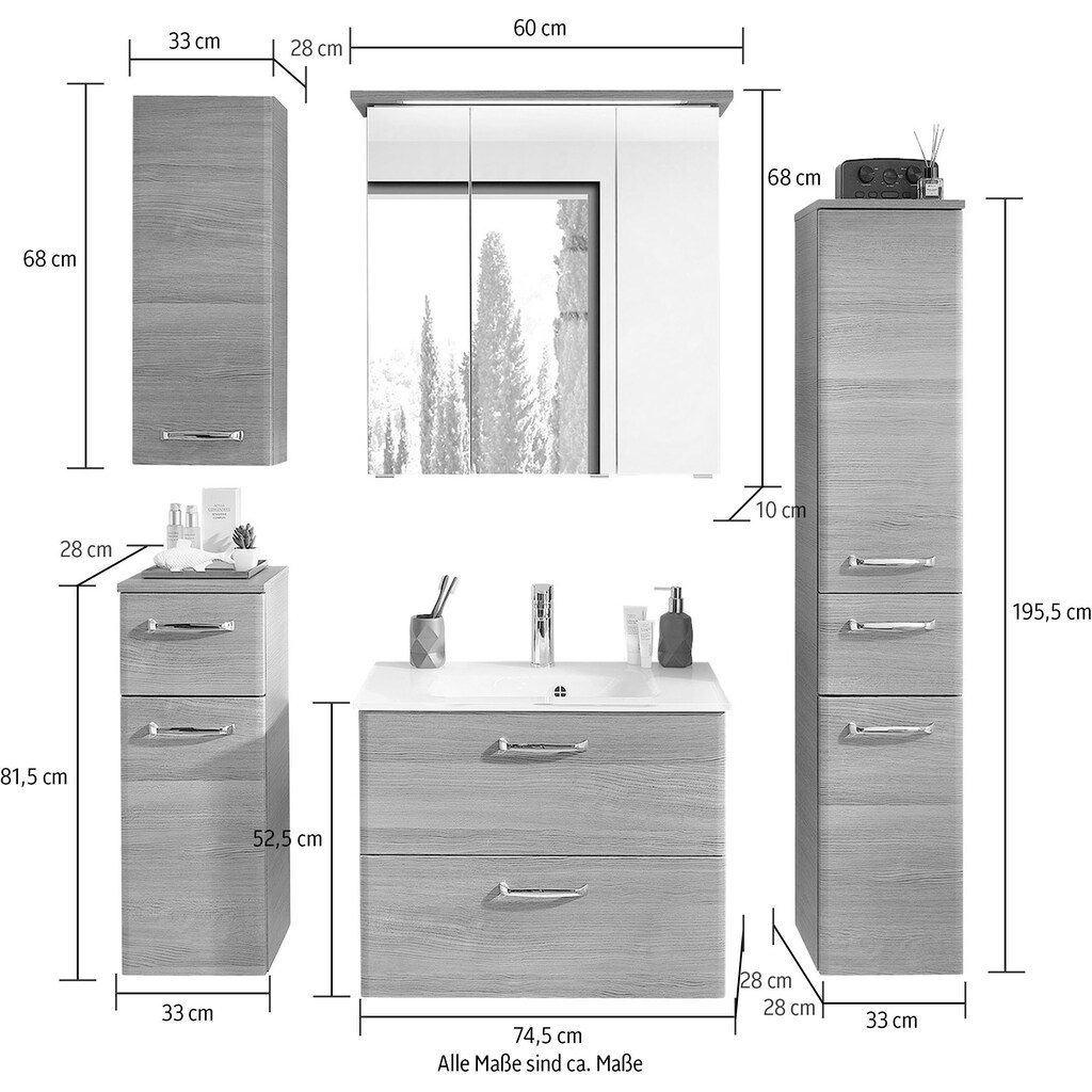 Saphir Badmöbel-Set »Quickset 328 5-teilig, inkl. Glas-Waschtisch und LED-Spiegelschrank«, (Set, 5 St.)