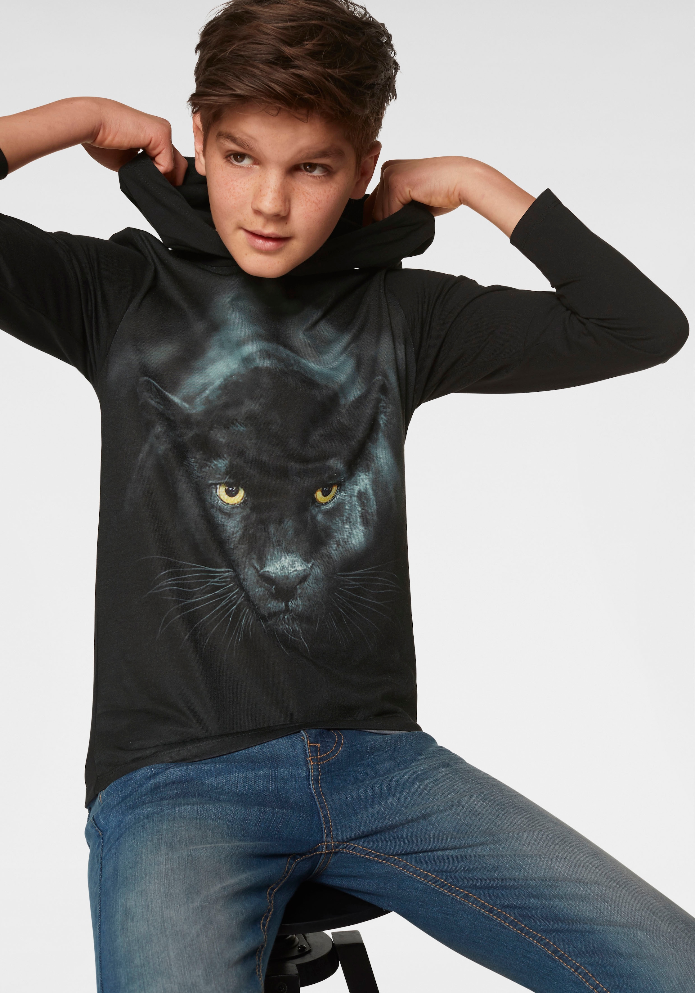 KIDSWORLD Jungen Kapuzenshirt "PANTHER - Fotodruck", schwarz, Basic, Gr. 152, bedruckt, Jersey, Obermaterial: 100% Baumwolle. Obermaterial