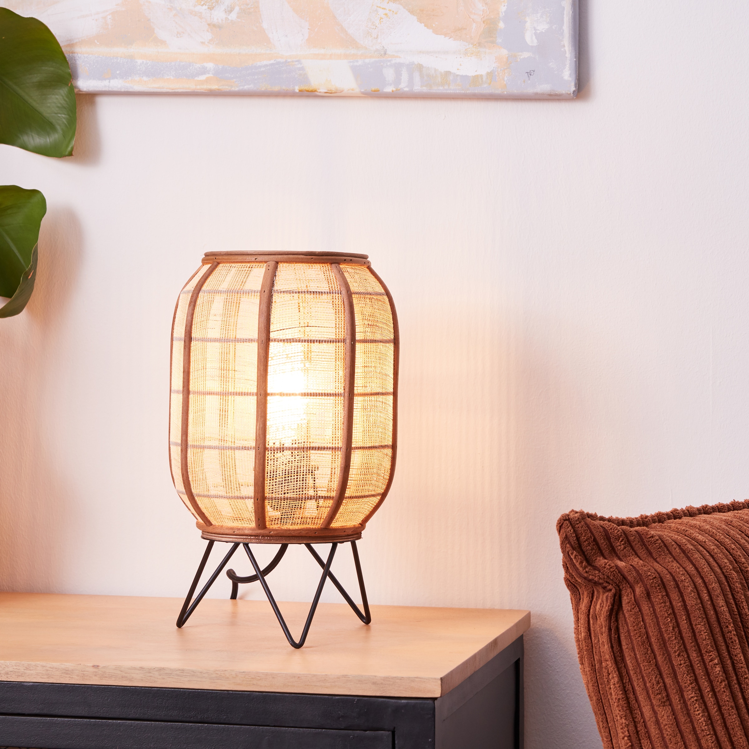 Home affaire Tischleuchte »Rouez«, 1 flammig-flammig, Tischlampe im Nature  Style mit 32cm Höhe, Schirm aus Textil und Holz | BAUR