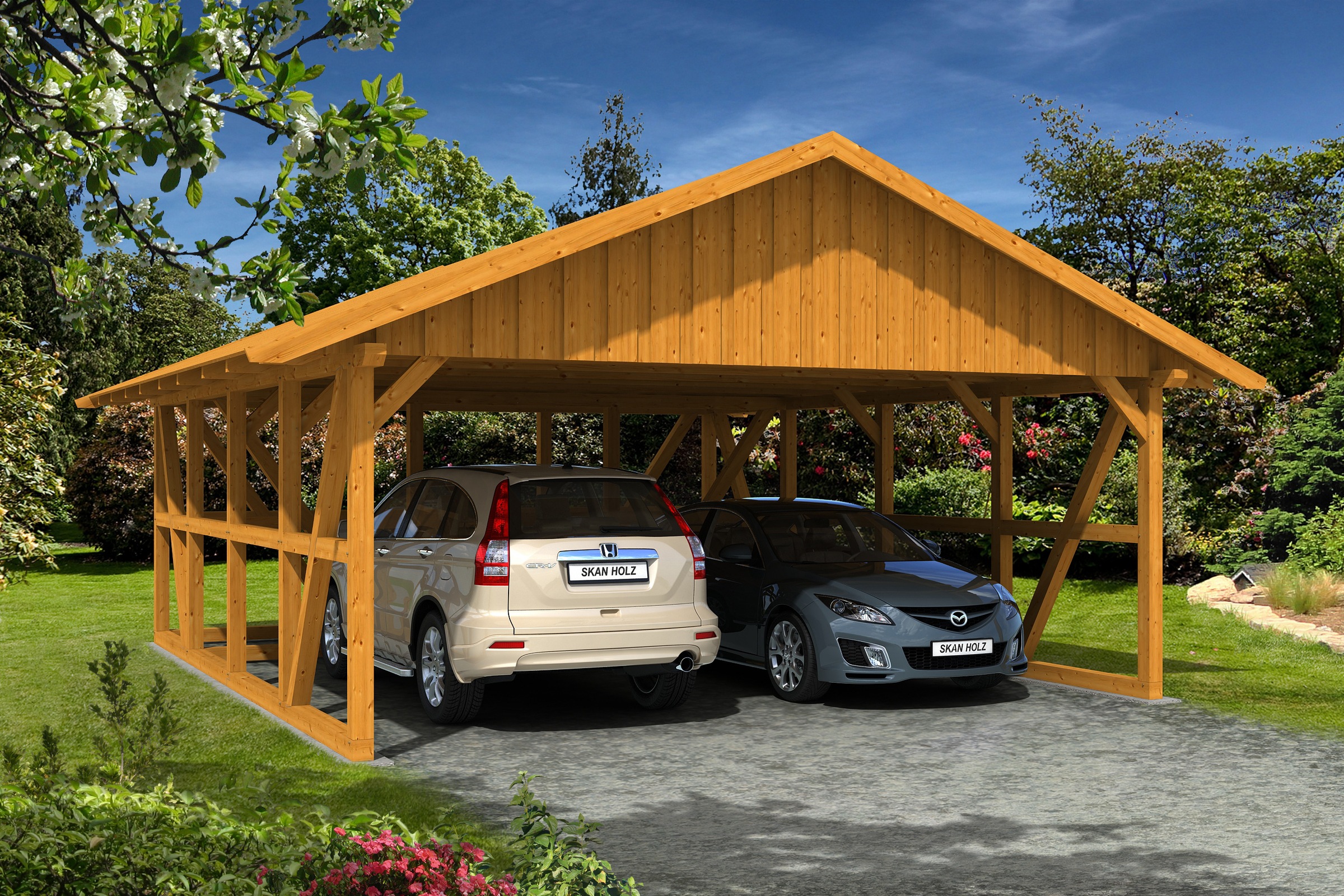 Skanholz Doppelcarport »Schwarzwald«, KVH-Fichte, 560 cm, Eiche hell, mit Abstellraum 3, mit Dachschalung