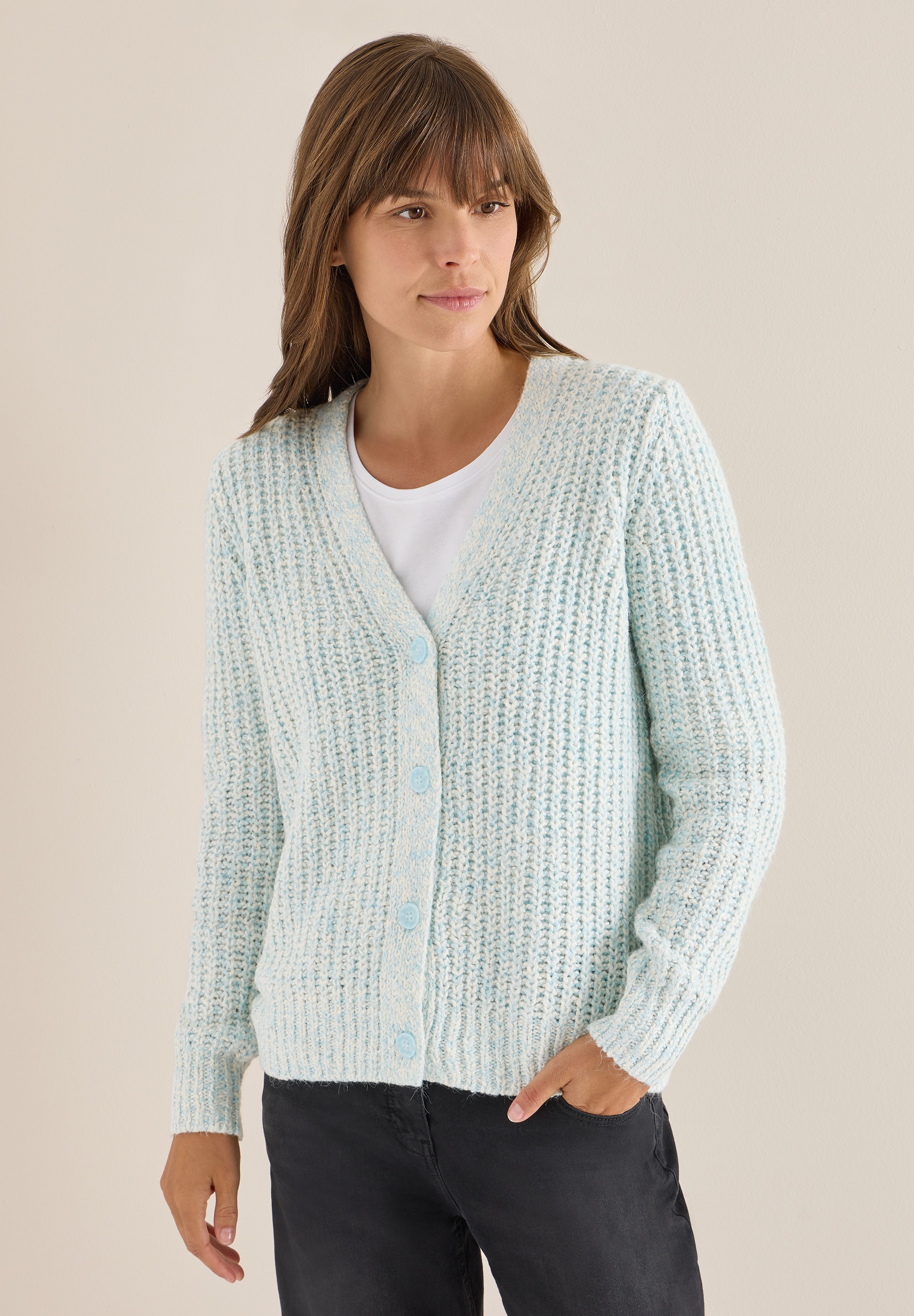 Cardigan CECIL, Damen, Gr. L (42), faded blau melange, Web, 58% Baumwolle, 24% Polyacryl, 10% Nylon, 8% Polyester, unifarben, comfort fit normal, V-Ausschnitt, Rippbündchen, Strickjacken