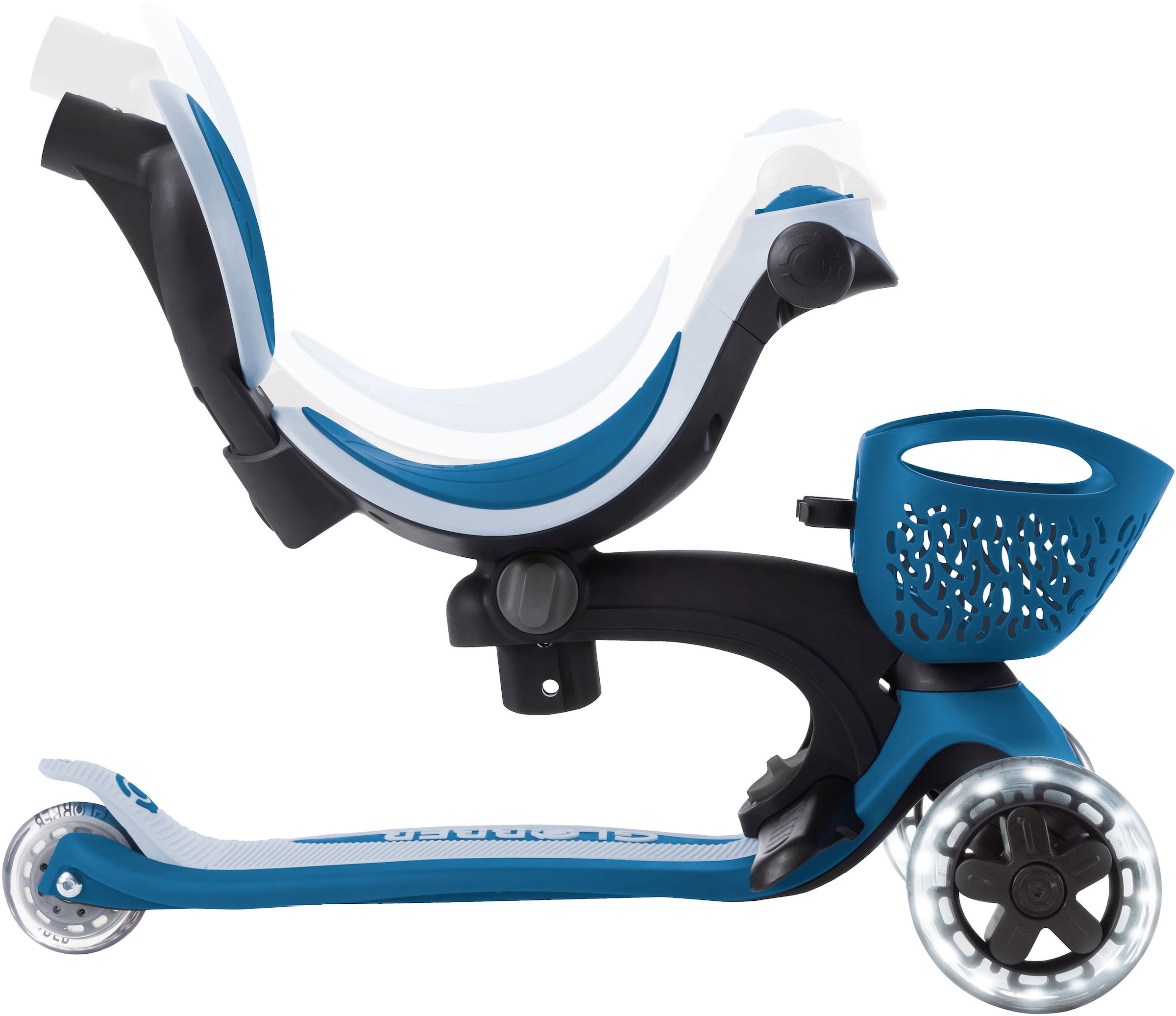 Globber Tretroller »GO-UP BABY 360 LIGHTS, mit Leuchtrollen und Leuchtmodul« Aufsitzrad, Laufrad und Scooter in Einem