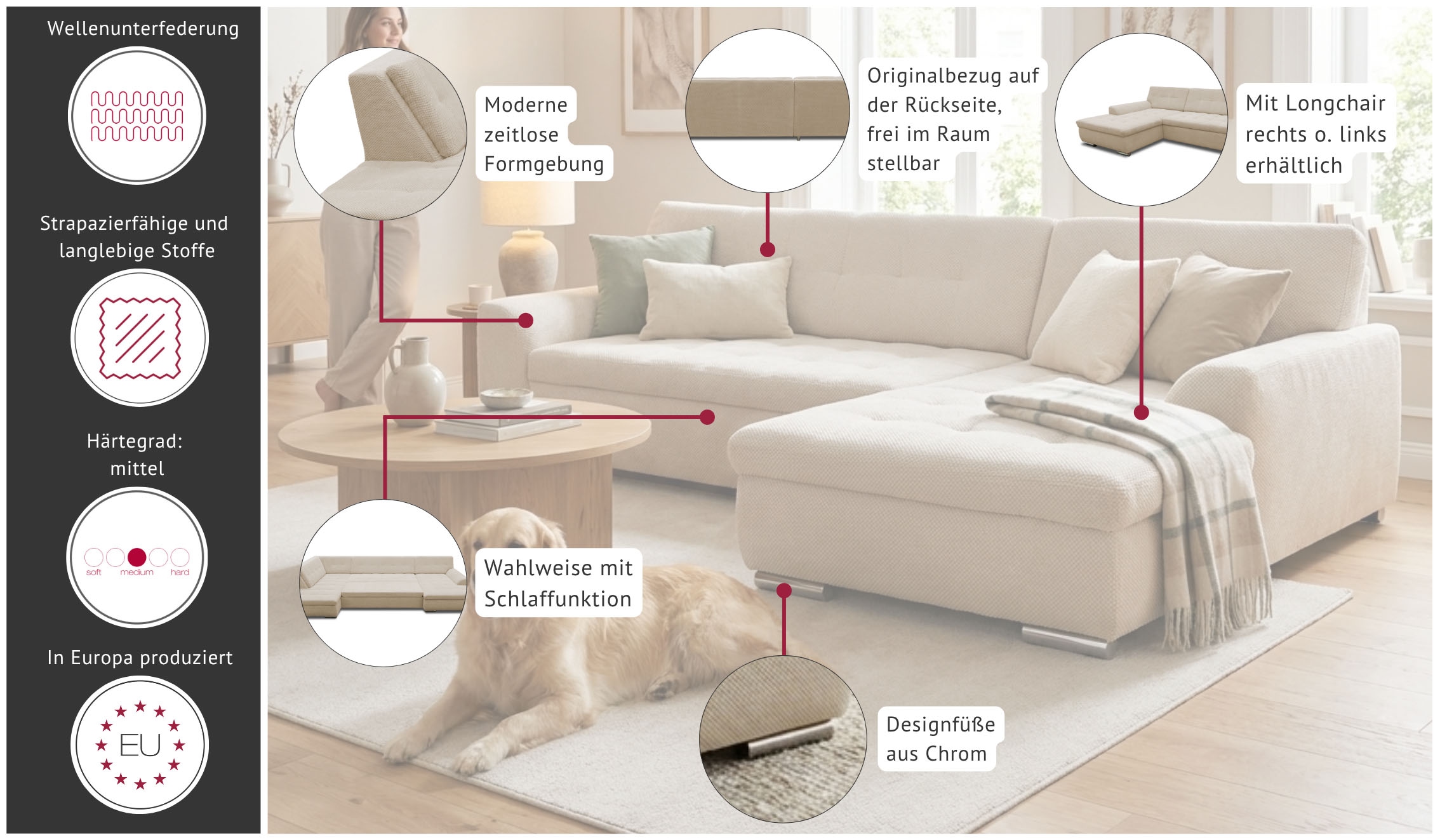 OTTO home Ecksofa »Tornby 268 x 178 cm, mit Steppungen, modern & stabil« L-Form, aus pflegeleichtem, weichem Luxus-Microfaser