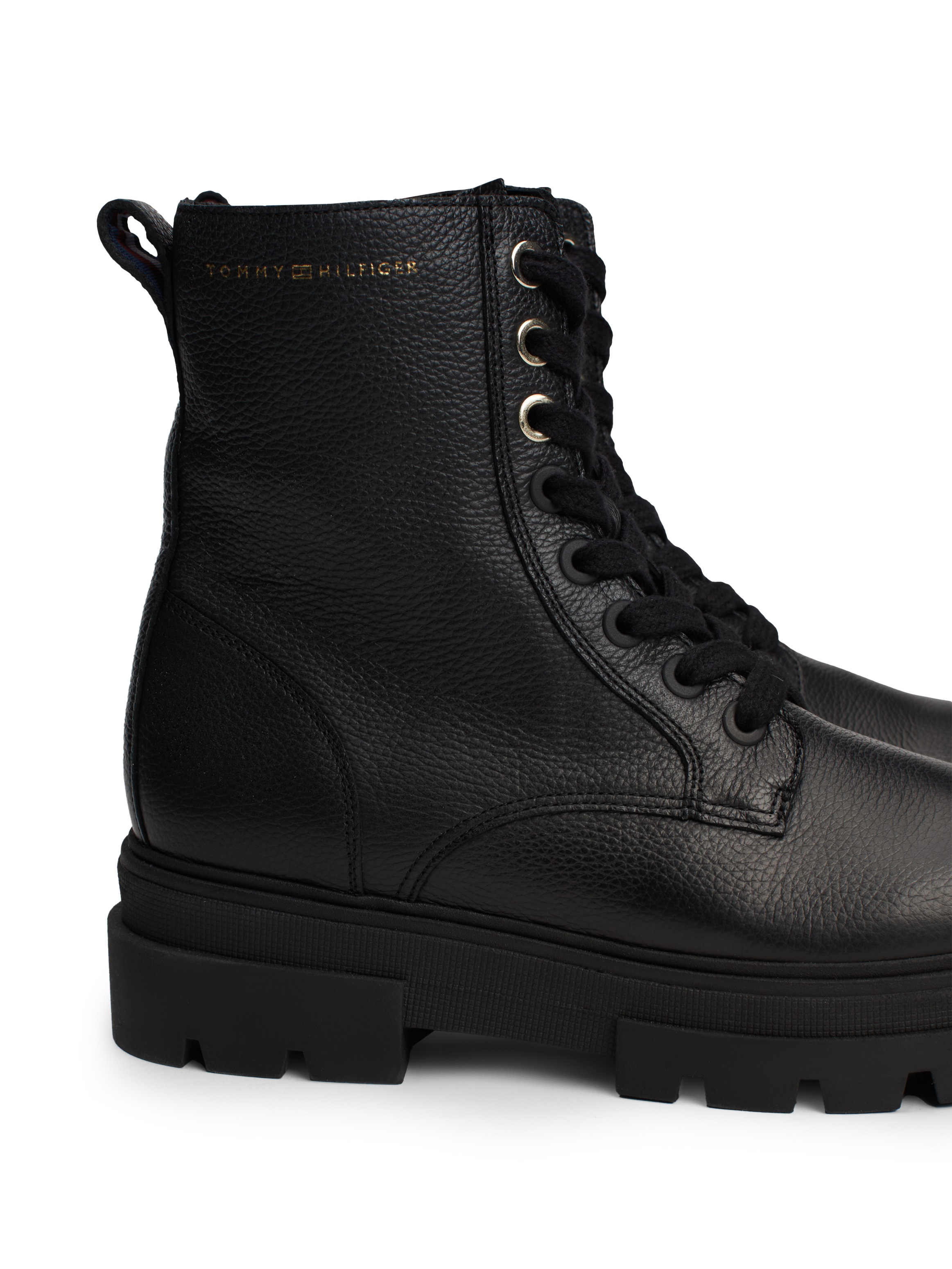 Tommy Hilfiger Schnürboots »BICOLOR LEATHER LACE-UP«, Plateau, Schnürstiefelette, Chunkyboots, goldfarbener Logoschriftzug