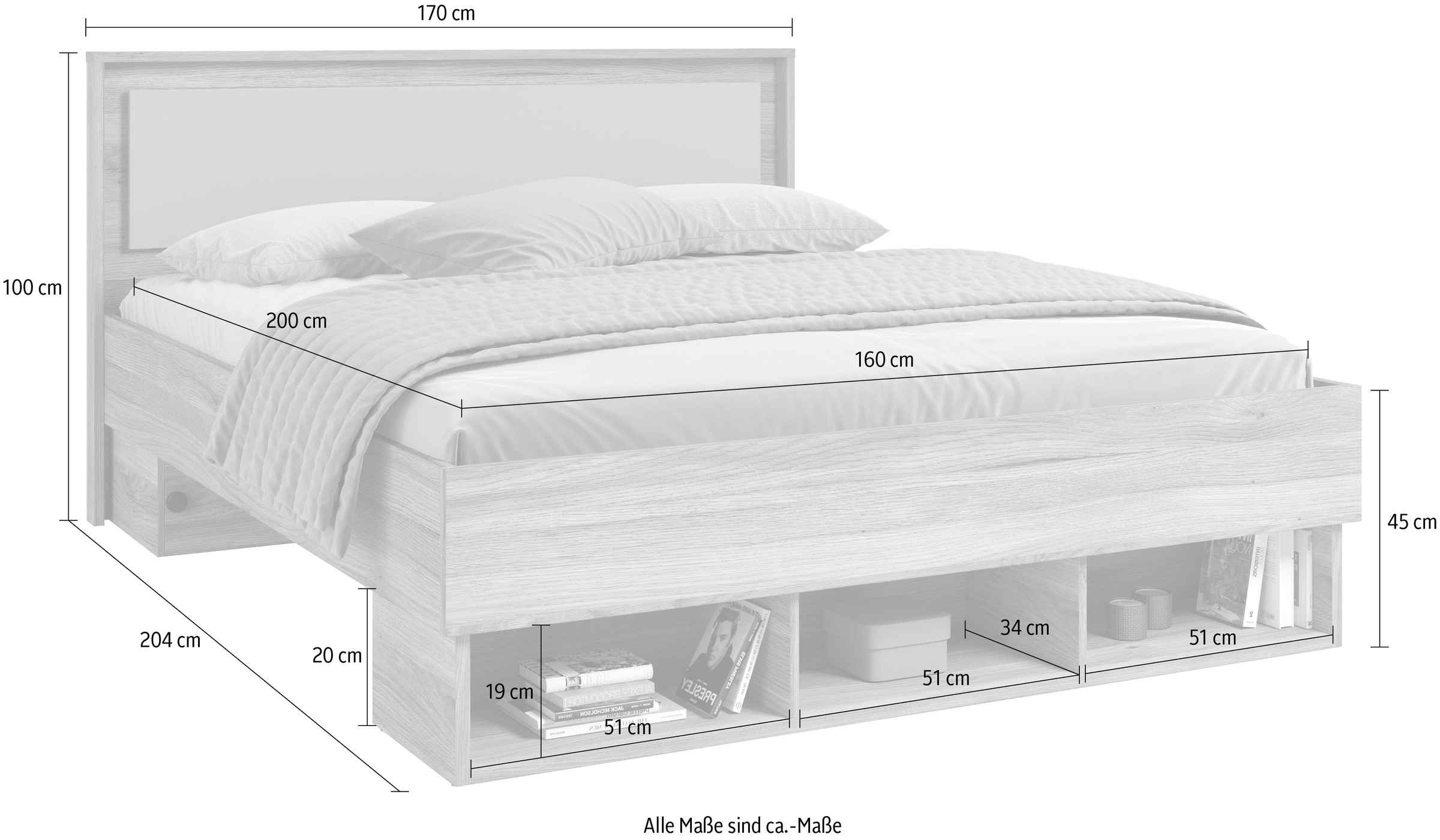 INOSIGN Bettgestell »Wharton, 140, 160 oder 180cm Breite, Made in Europe«, (mit oder ohne Stauraumschubladen), Doppelbett mit offenen Regalen, FSC-zertifizierter Holzwerkstoff