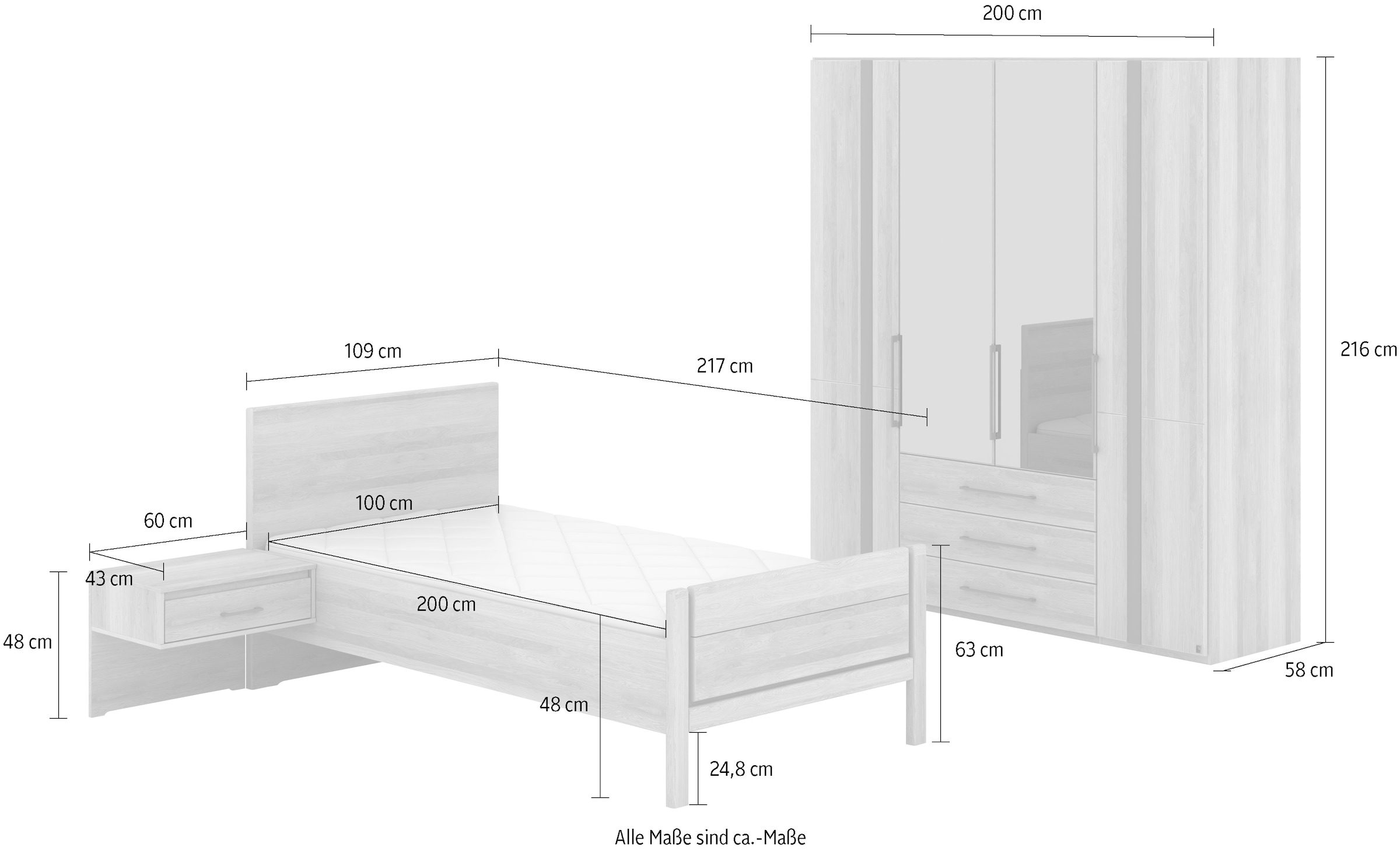 Musterring Schlafzimmer-Set »Sorrent, Kleiderschrank, Bett & Nachtkommoden, teilmassiv Eiche«, (2er-Set Nachtschränke, Drehtürenschrank 200 cm, Bett 100x200 cm), Schrank mit Türen und Schubkästen, Bett mit Stollfuß, teilmassiv