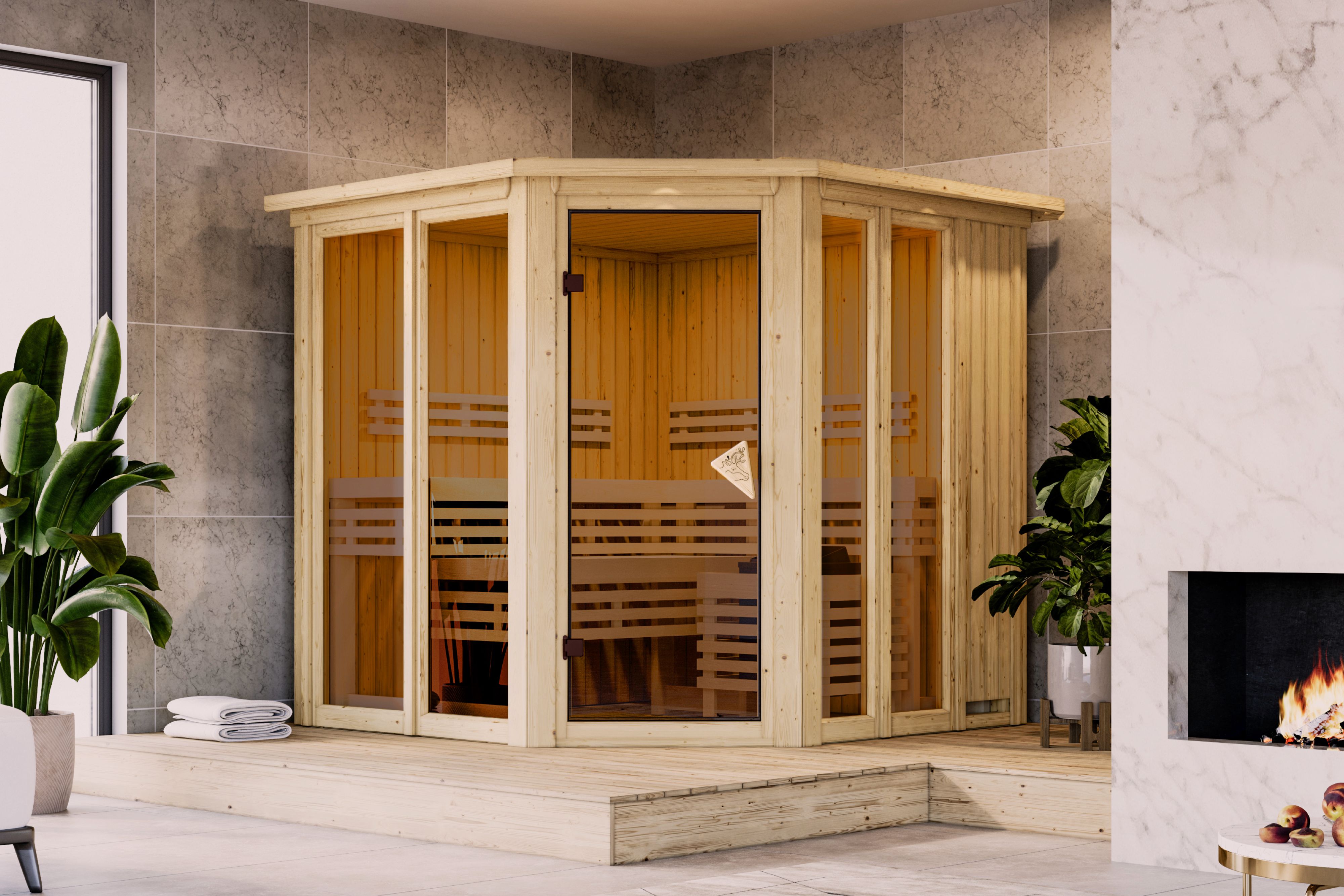 Karibu Sauna ""Airia" mit Kranz, naturbelassen" aus hochwertiger nordischer Fichte