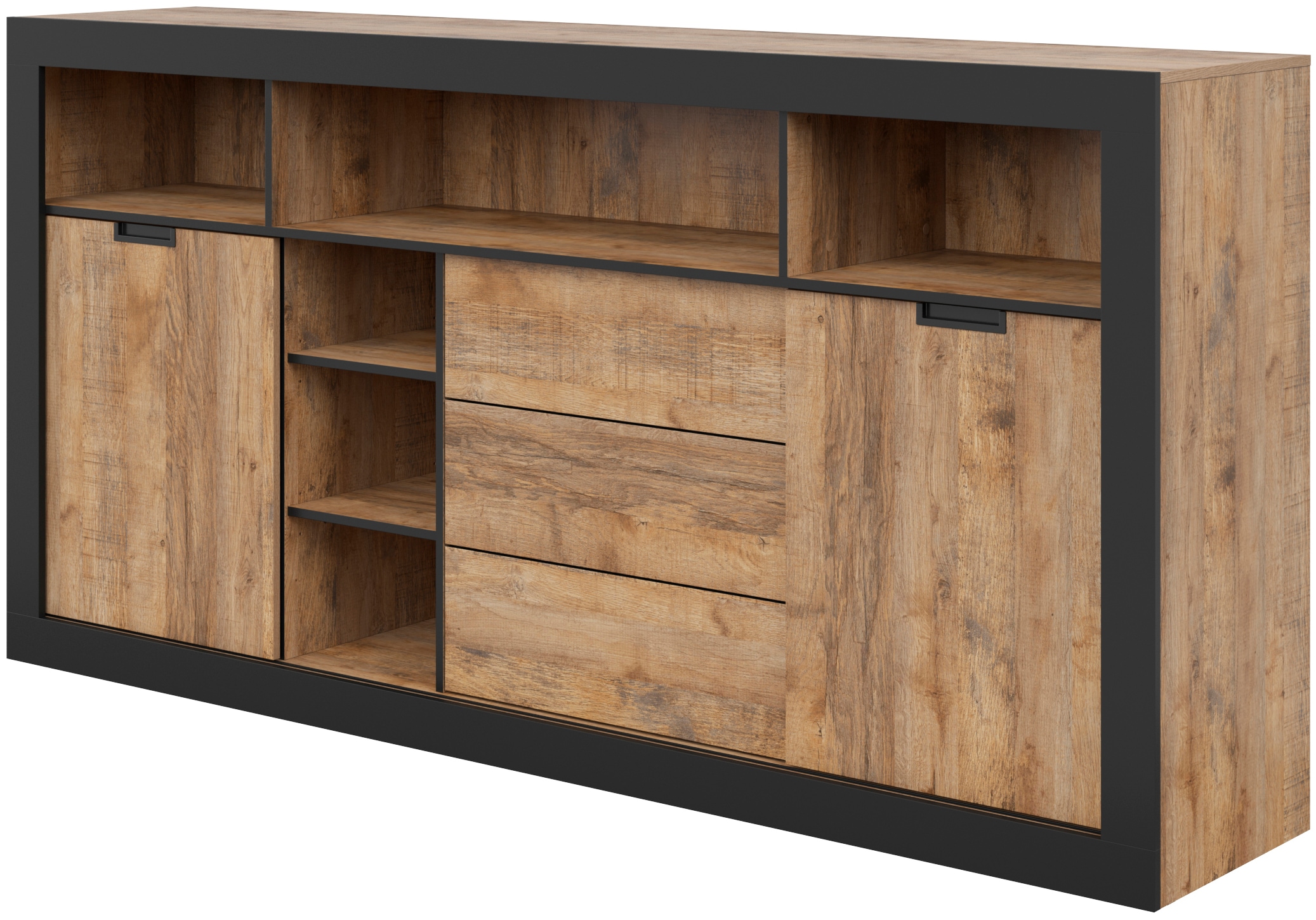 INOSIGN Highboard »Tudor, Breite 220 cm Aufbewahrungsschrank 2 Schiebetüren/3 Schubkästen«, Hochschrank, Kommode Landhausstil viel Stauraum, Böden verstellbar