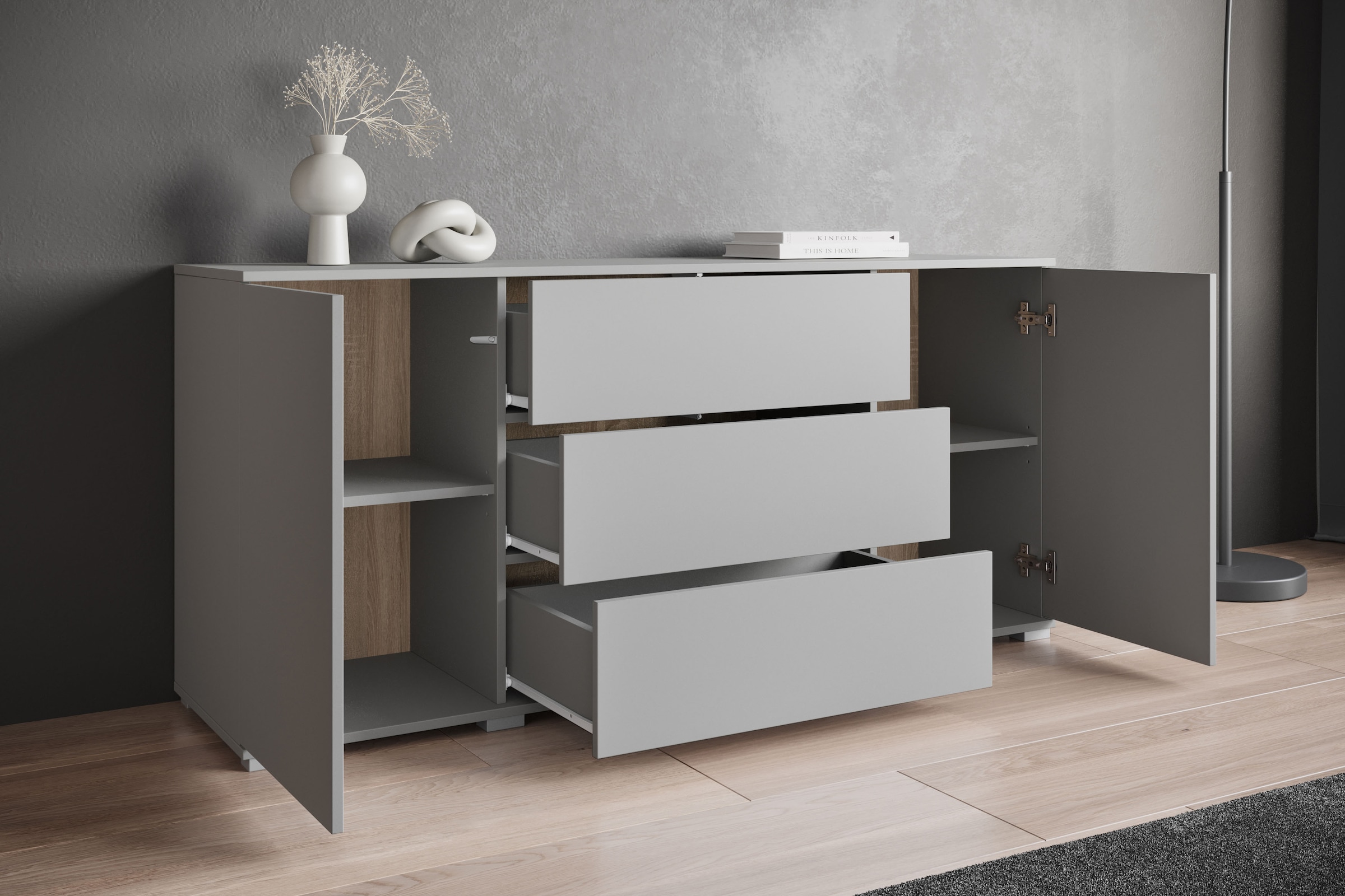 INOSIGN Sideboard »Kenia«, (1 St.), Modernes Sideboard mit 3 Schubladen und 4 Fächern, Breite 150 cm