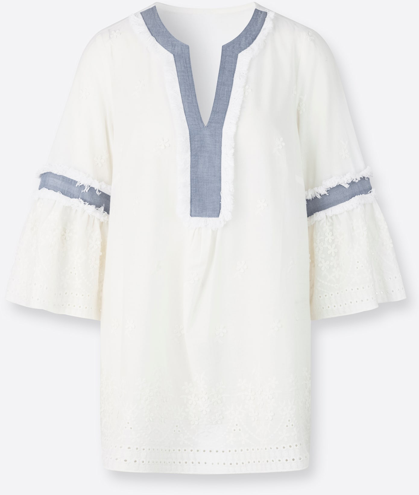 Longbluse INSPIRATIONEN, Damen, Gr. 38, weiß, 100% Baumwolle, Besatz:100% Baumwolle, unifarben, V-Ausschnitt, Blusen Longbluse 3
