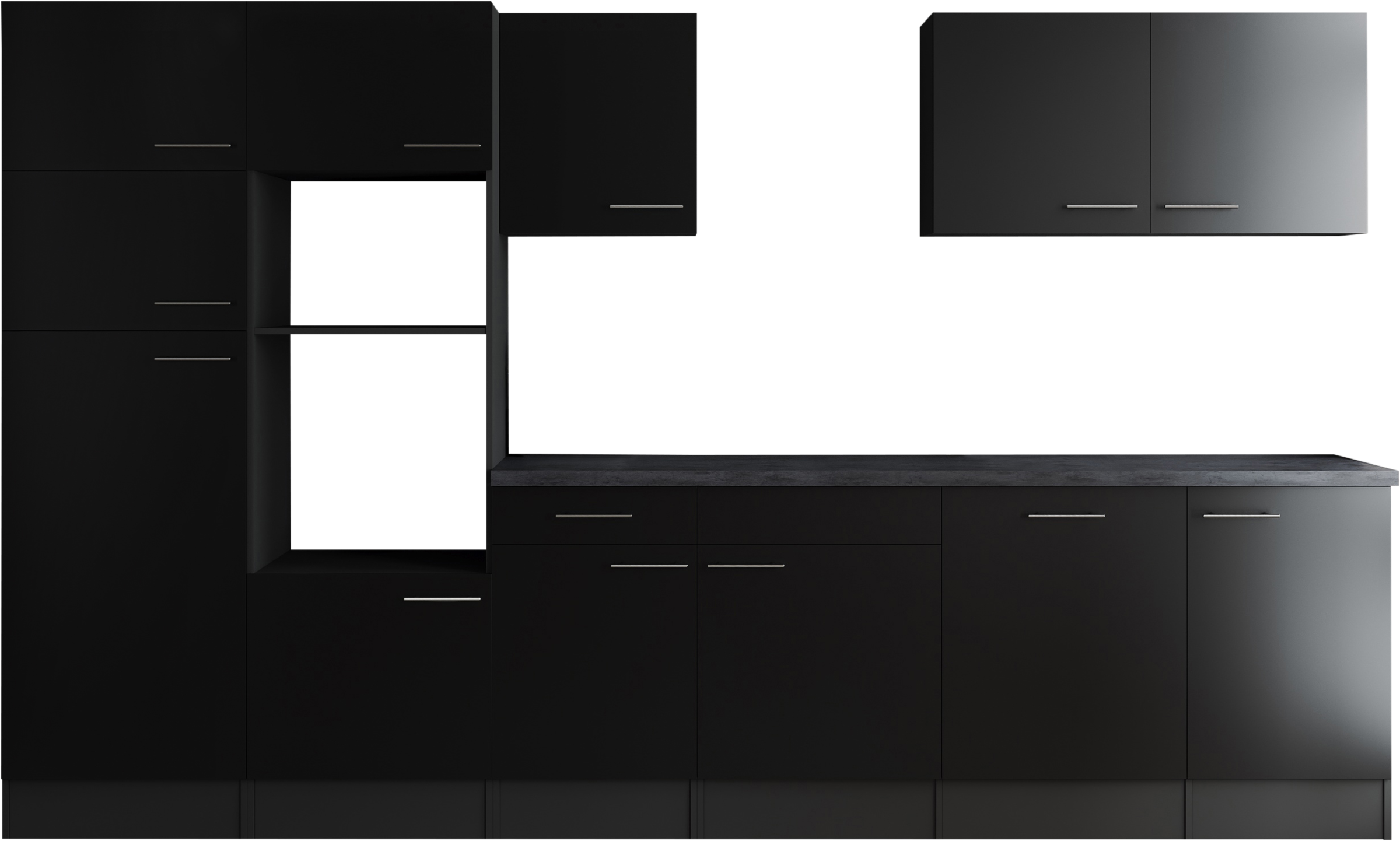 Küchenzeile RESPEKTA, B:340cm H:205cm T:60cmküche: grau, front: schwarz, korpus: grau matt, arbeitsplatte: granit optik, Komplettküchen-Sets,