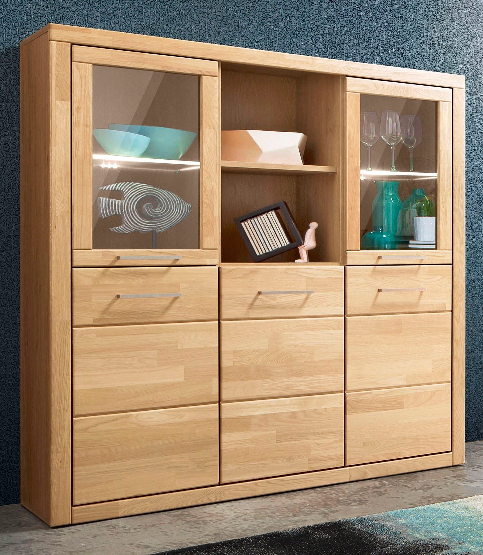 OTTO home Highboard "Trondheim,130cm breit,42 cm tief, Fronten Holzmassiv, Metallgriffe" Korpus aus Holzwerkstoff,4 Türen,12 Fächer, Böden teilweise versetzbar