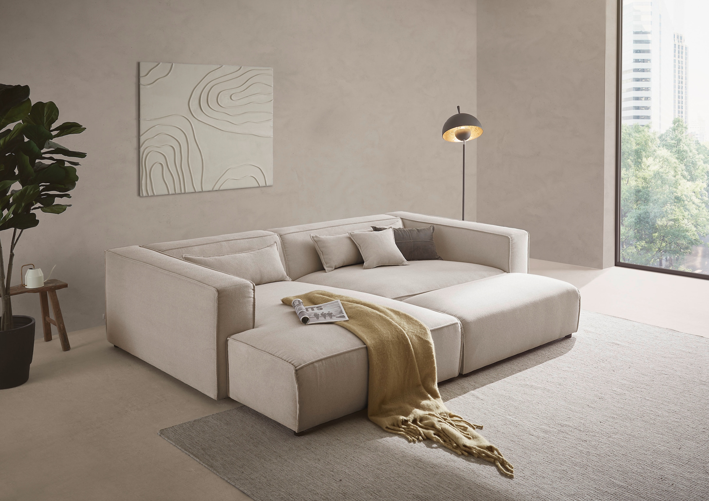 LeGer Home by Lena Gercke Polsterecke »PIARA XXL, L-Form mit Schlaffunktion, Big-Sofa in Cord o. Leinenoptik«, Hocker stellbar zum Schlafsofa (Krokodilverbinder), tiefe Sitzfläche