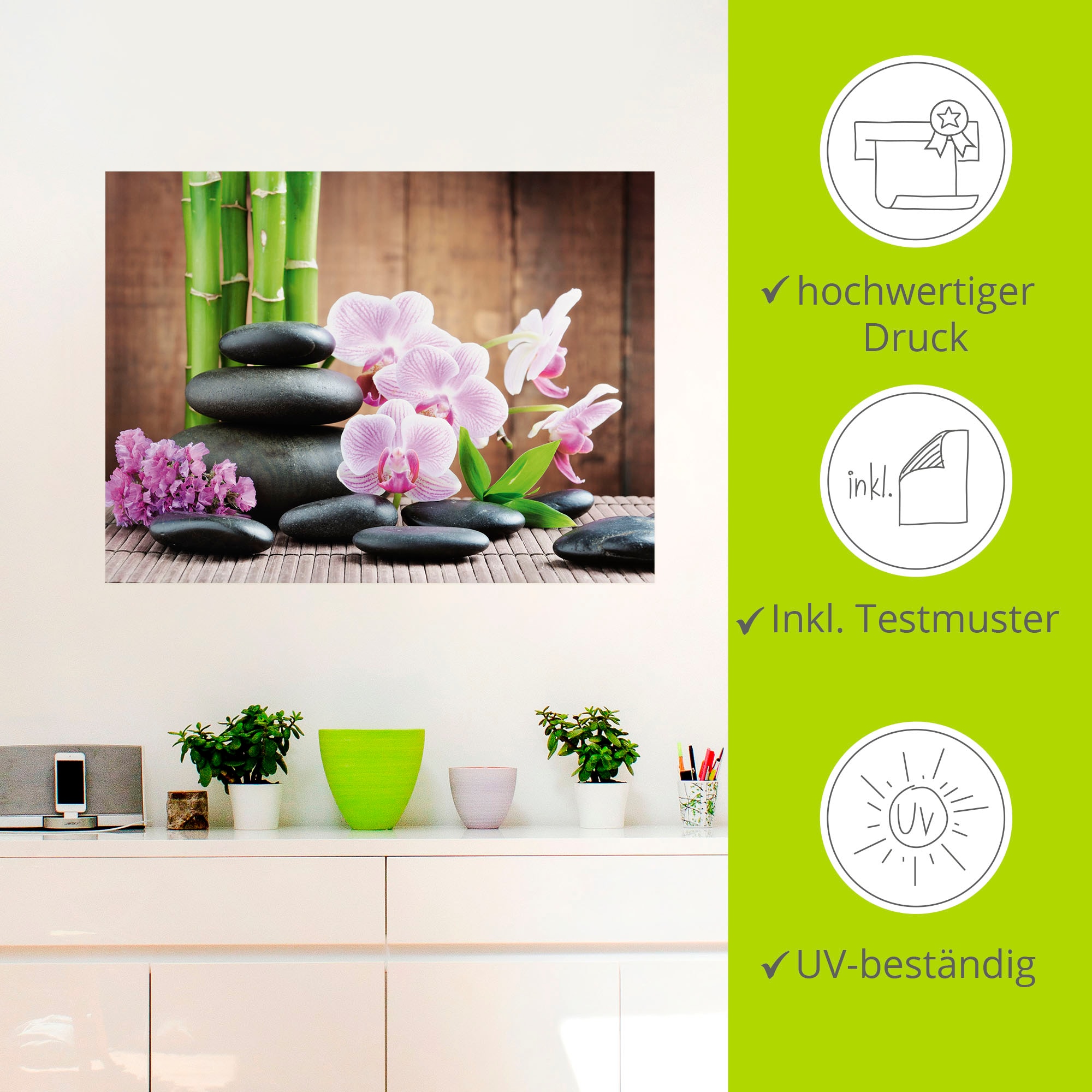 Artland Wandbild »Spa Konzept Zen Steinen Orchideen«, Zen, (1 St.), als Leinwandbild, Poster, Wandaufkleber in verschied. Größen