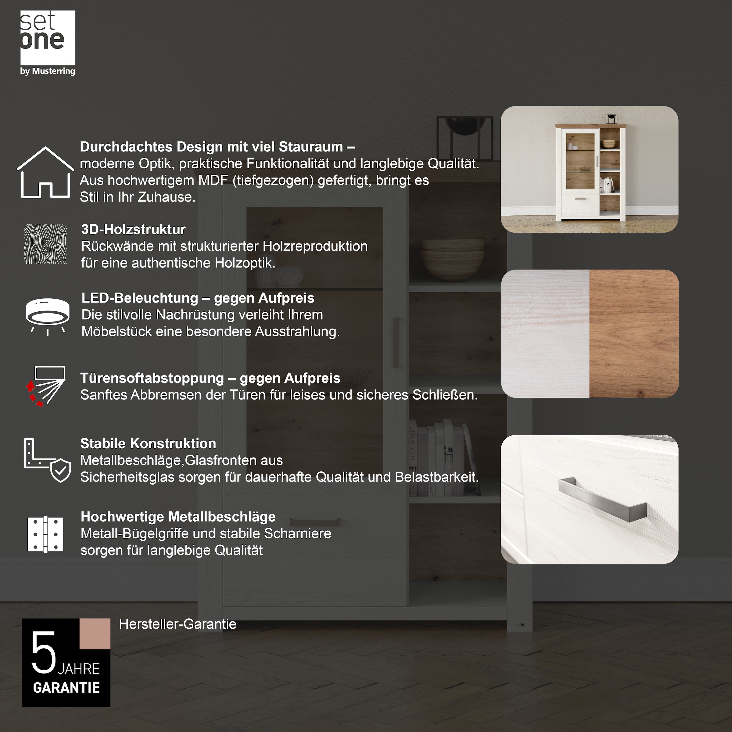 set one by Musterring Highboard »York«, Typ 13 und 14, mit Glastür und Schubkasten, 3 Farbvarianten, B 105 cm