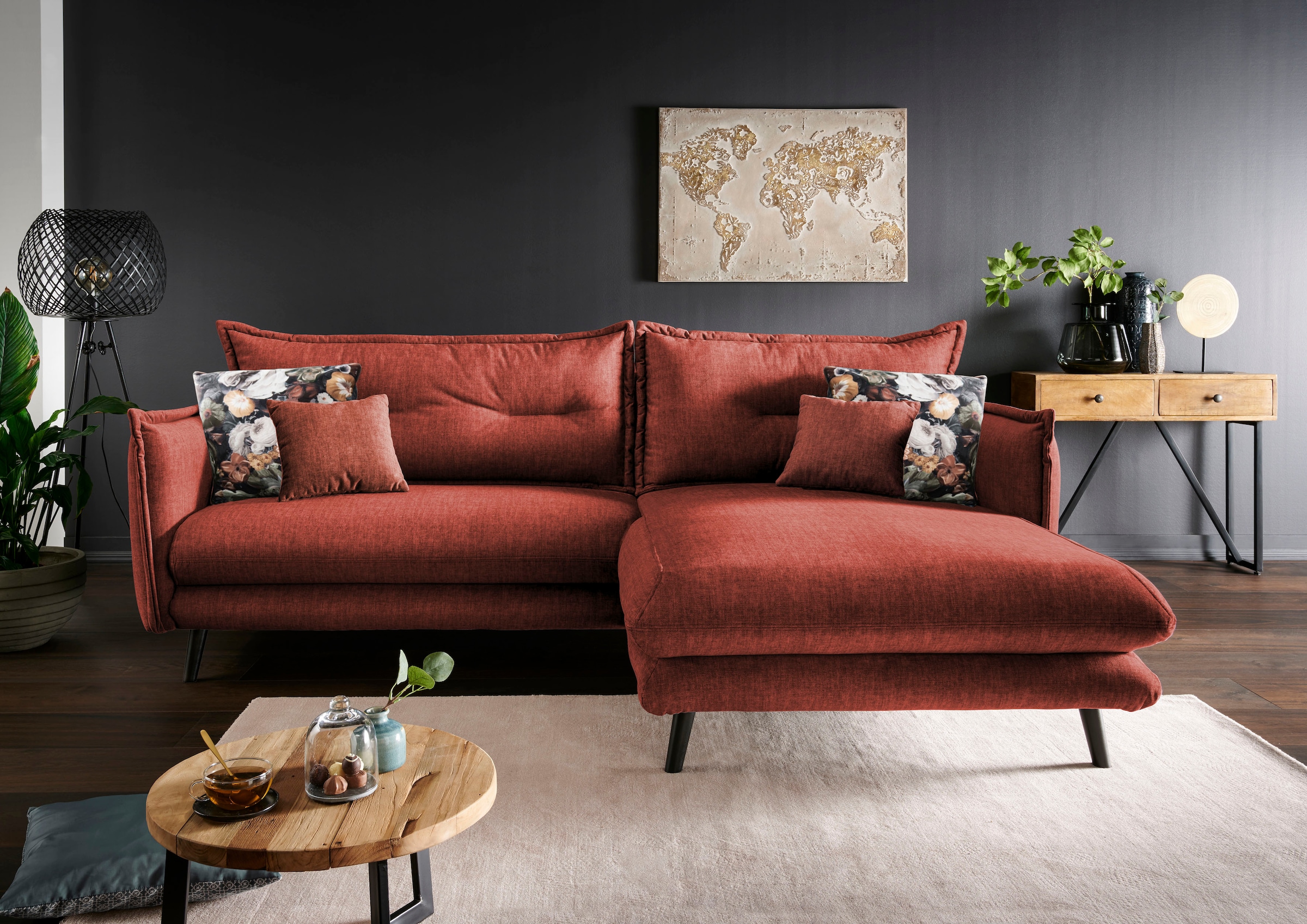 Home affaire Ecksofa "Levke, 255 x 180 cm, modern und bequem" Velours, Kissen: Microfaser, L-Form, inkl. Rücken- und Zierkissen