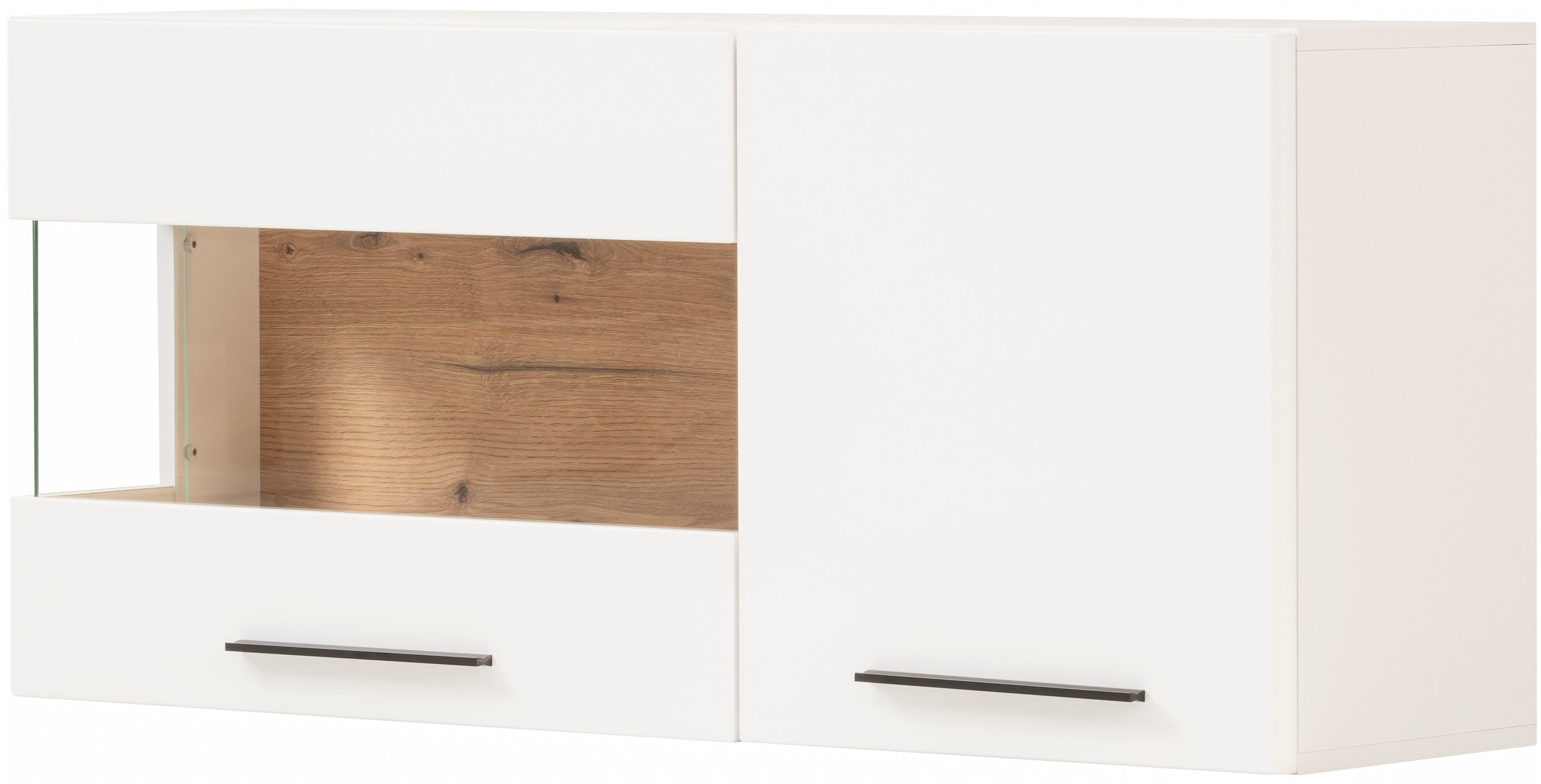 INOSIGN Hängevitrine »Salerno Hängeschrank, Glasvitrine, Weiß mit Eiche Evoke Dekor, modern.«, Metallgriffe, ausreichend Stauraum, vielseitig einsetzbar, 120cm breit