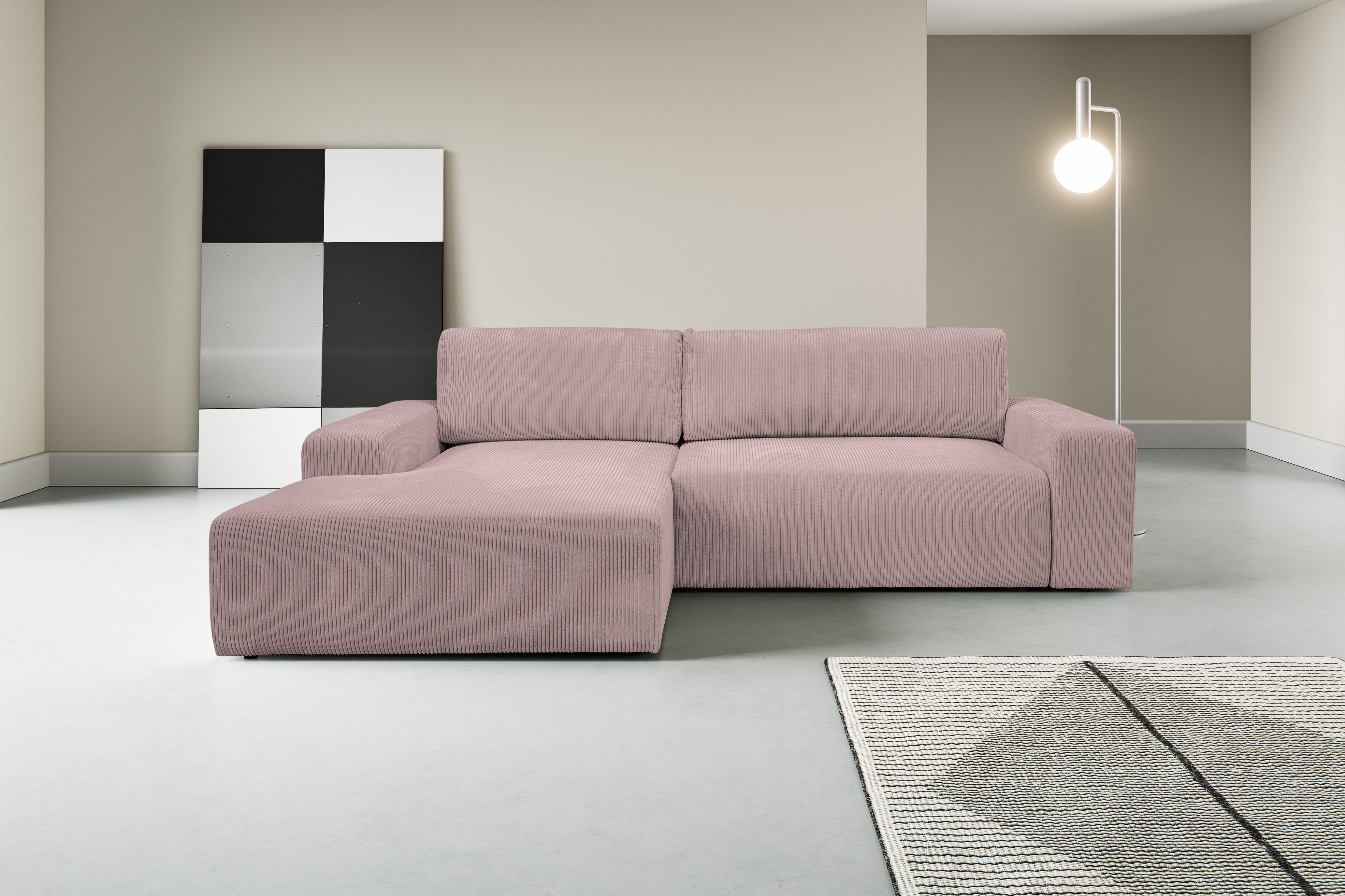WERK2 Ecksofa "Rotterdam-L 267 x 165 cm modern und bequem" Cord, L-Form, Schlaffunktion, Bettkasten