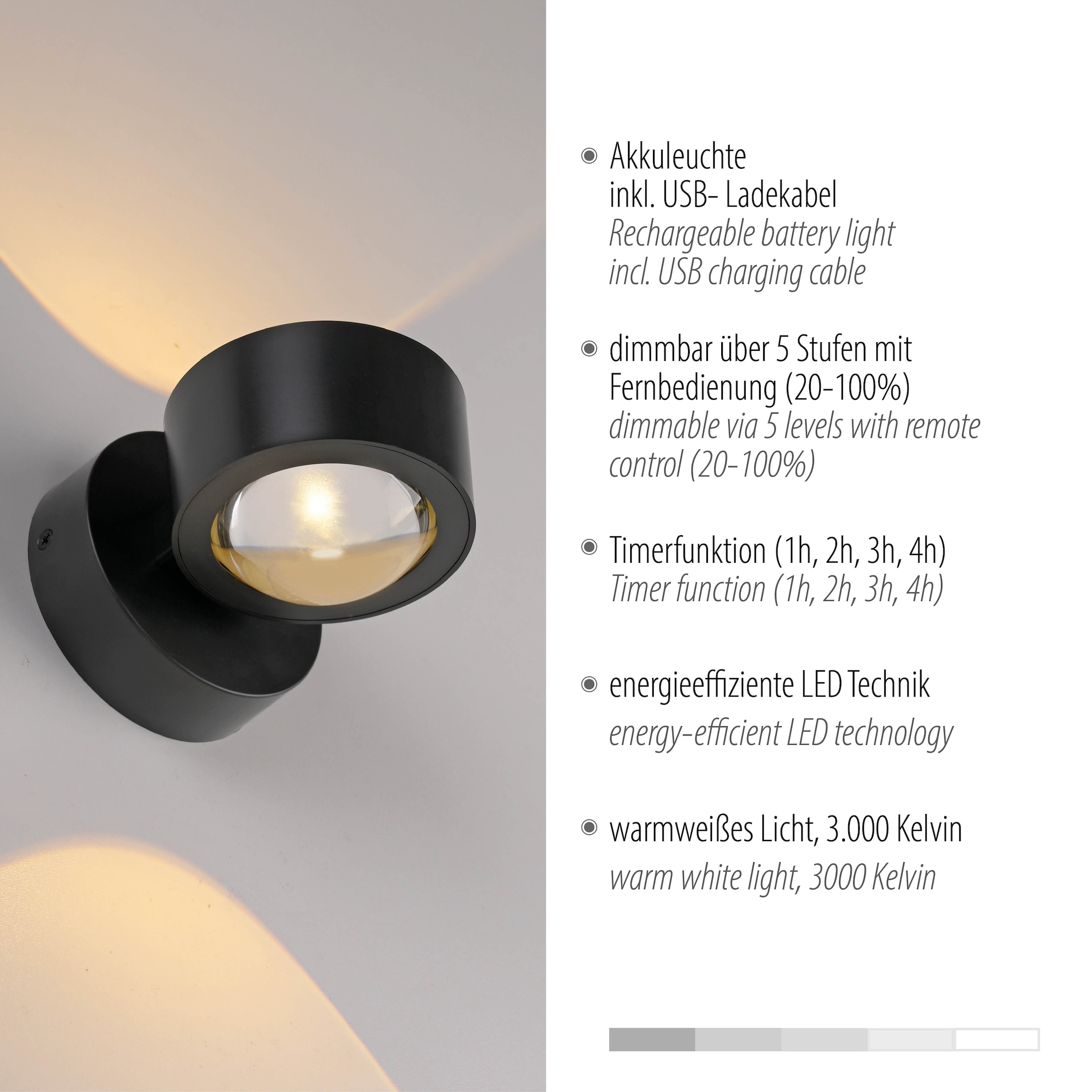 JUST LIGHT LED Wandleuchte »AKKU-CHIA« LED-Board 1 Stk. Warmweiß Akkubetrieben inkl. USB-Ladekabel, 5 Stufen Dimmung + Timerfunktion