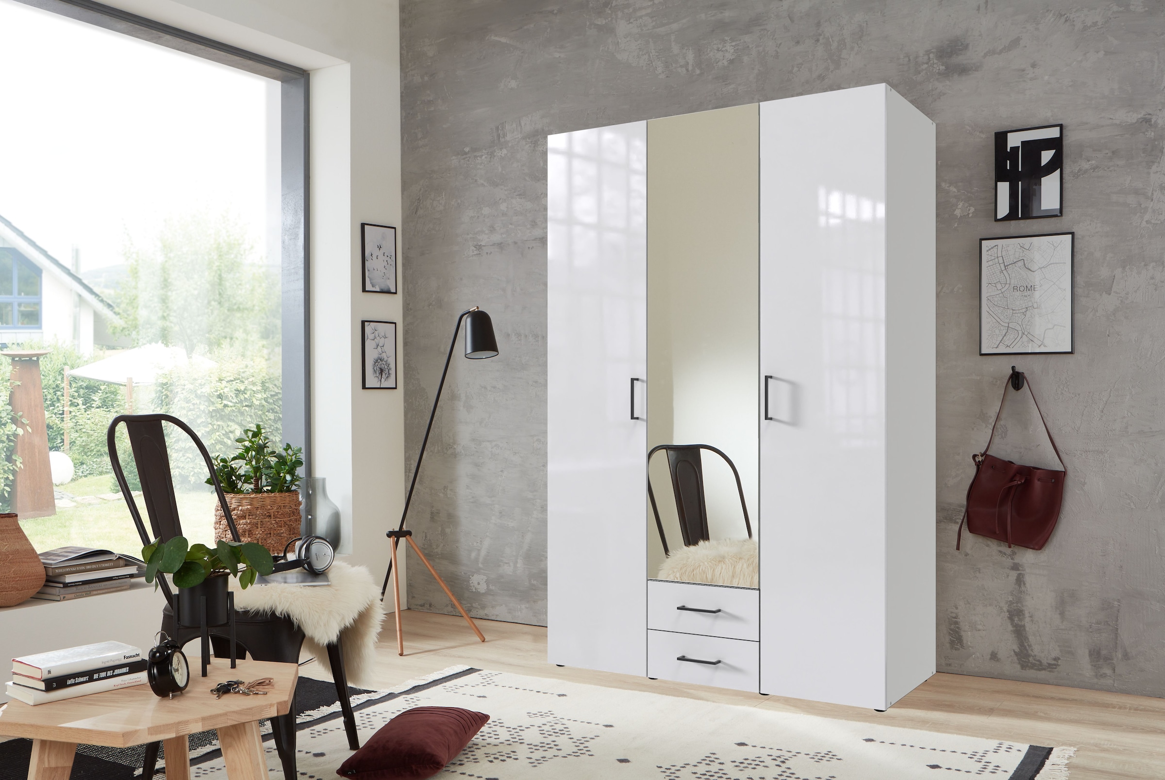 Wimex Drehtürenschrank »Mugano, 135 oder 180cm breit, 208 oder 236cm hoch, Made in Germany«, (mit langen Griffstangen aus Metall), wahlweise mit oder ohne Spiegel, mit Schubladen