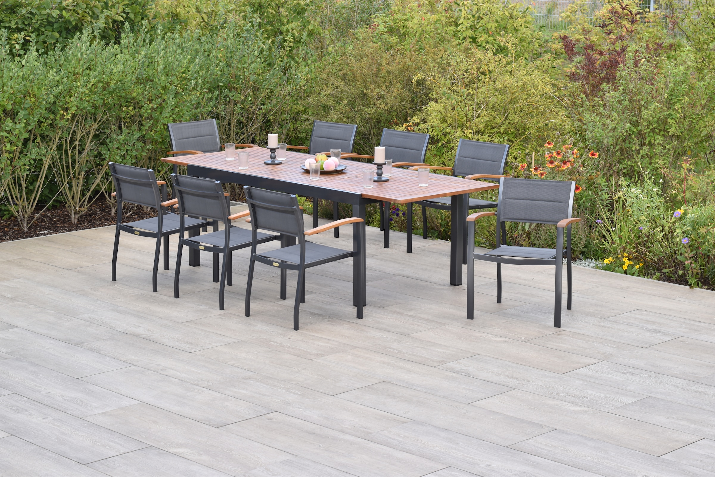 MERXX Garten-Essgruppe »»Paxos««, (Set, 9 tlg., Gepadded, pulverbeschichtetes Aluminiumgestell), Ausziehtisch: LxB: 180-250 x 100 cm