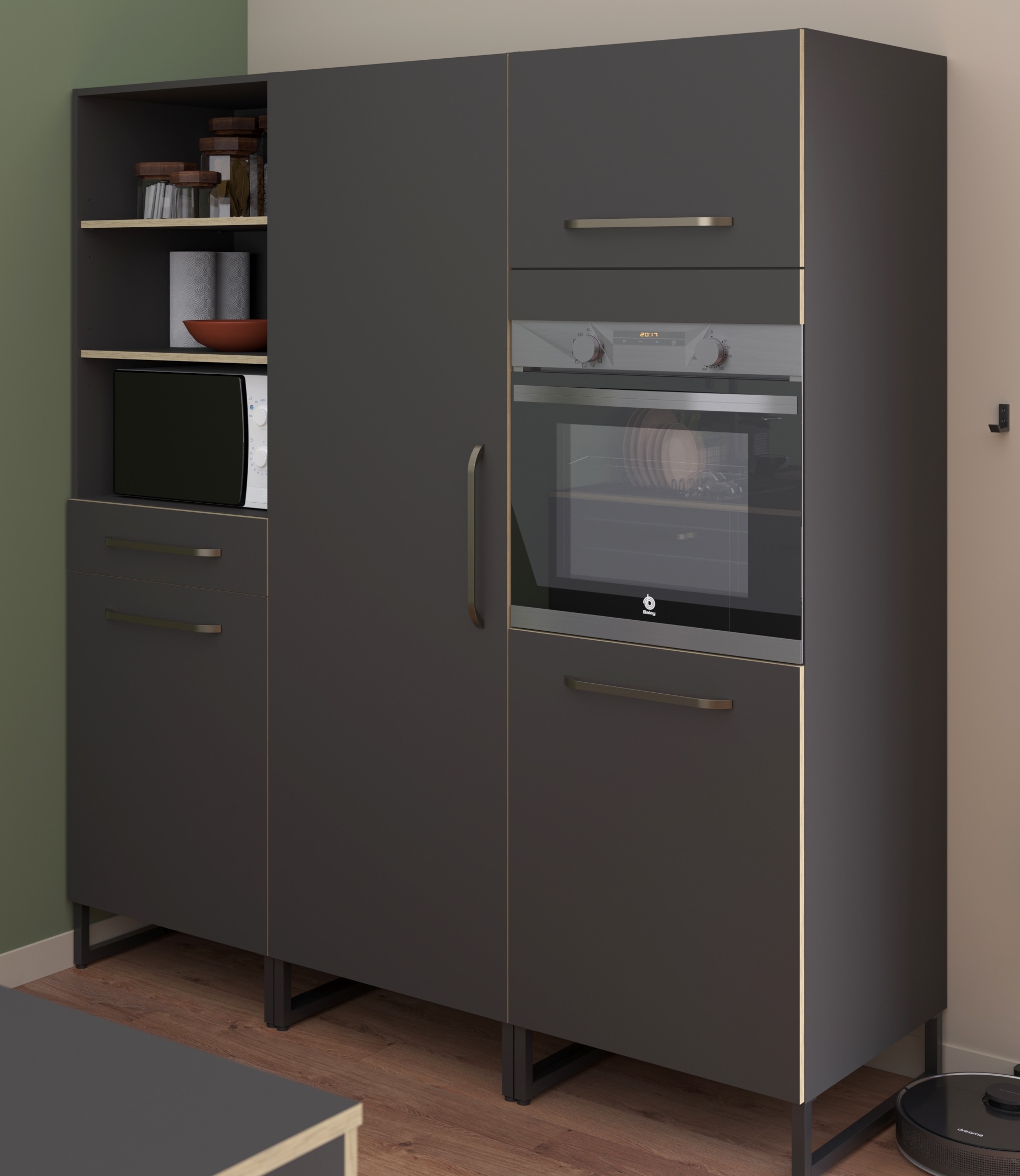 Parisot Schrank-Set »Wave 1, Küchenschrank, Buffetset, Küche«, (Set, 9 St., 4xUnterschrank, Theke/Arbeitsplattenergänzung.,3x Hochschrank, Regal), Türen mit Softclose Funktion, Thekenplatte aus Eiche - funiert